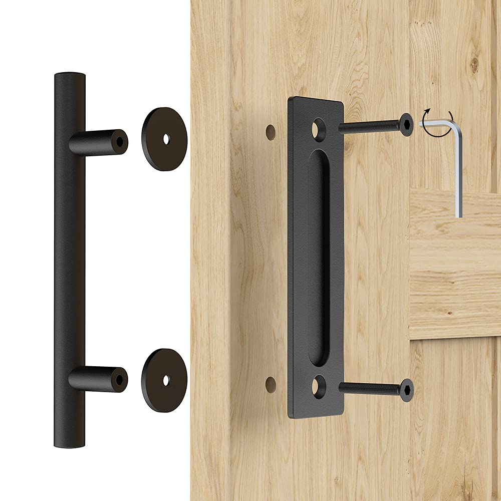 WINSOON 12"Sliding Barn Door Handles Black Hardware with Flush Finger Pull Double-Sided Design, Pull and Flush Barn Door Handle Kit, Solid Steel Material, For Gate/Garages/Cabinet, Round, Matte Black