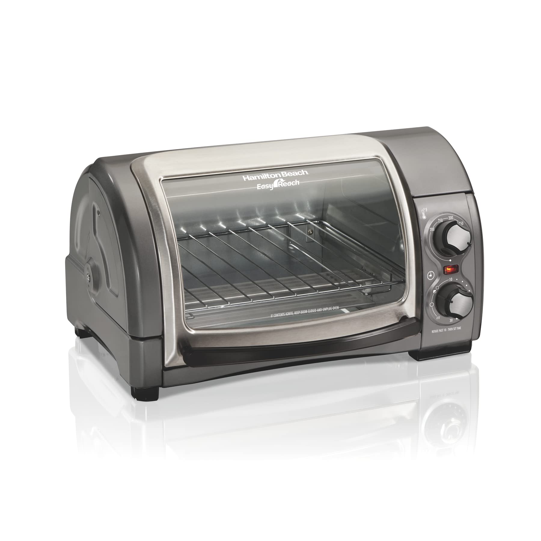 Hamilton Beach Easy Reach 4-Slice Countertop Toaster Oven With Roll-Top Door, 1200 Watts, Fits 9” Pizza, 3 Cooking Functions for Bake, Broil and Toast, Silver (31344DA)