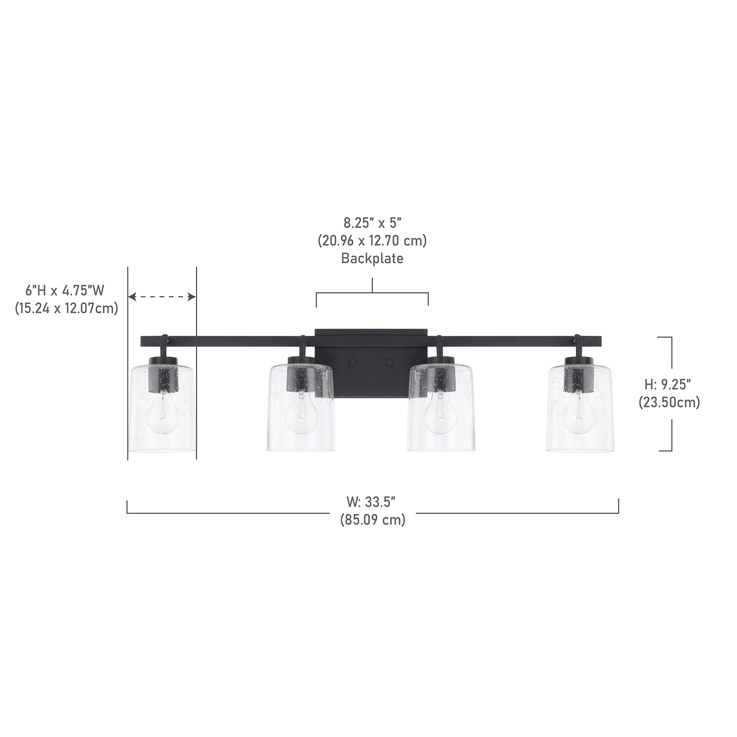 HomePlace Lighting 128541MB-449 Greyson Urban/Industrial Clear Seeded Glass Bathroom Vanity Wall Light, 4-Light 400 Total Watts, 9" H x 35" W, Matte Black