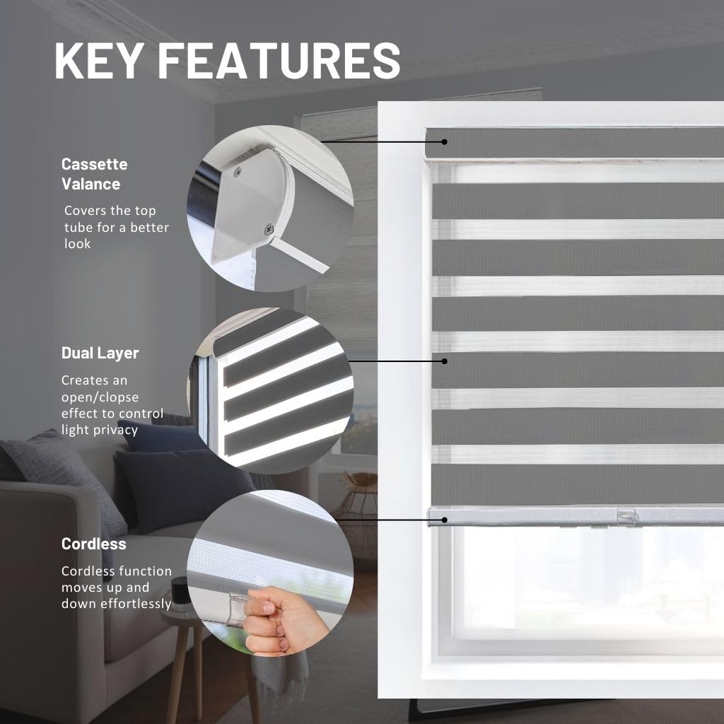 CHICOLOGY Zebra Blinds, Roller Window Shades, Blinds for Windows, Roller Shades for Windows, Window Shades for Home, Window Shades, Pull Down Shades for Windows, 35" W X 72" H, Basic Slate