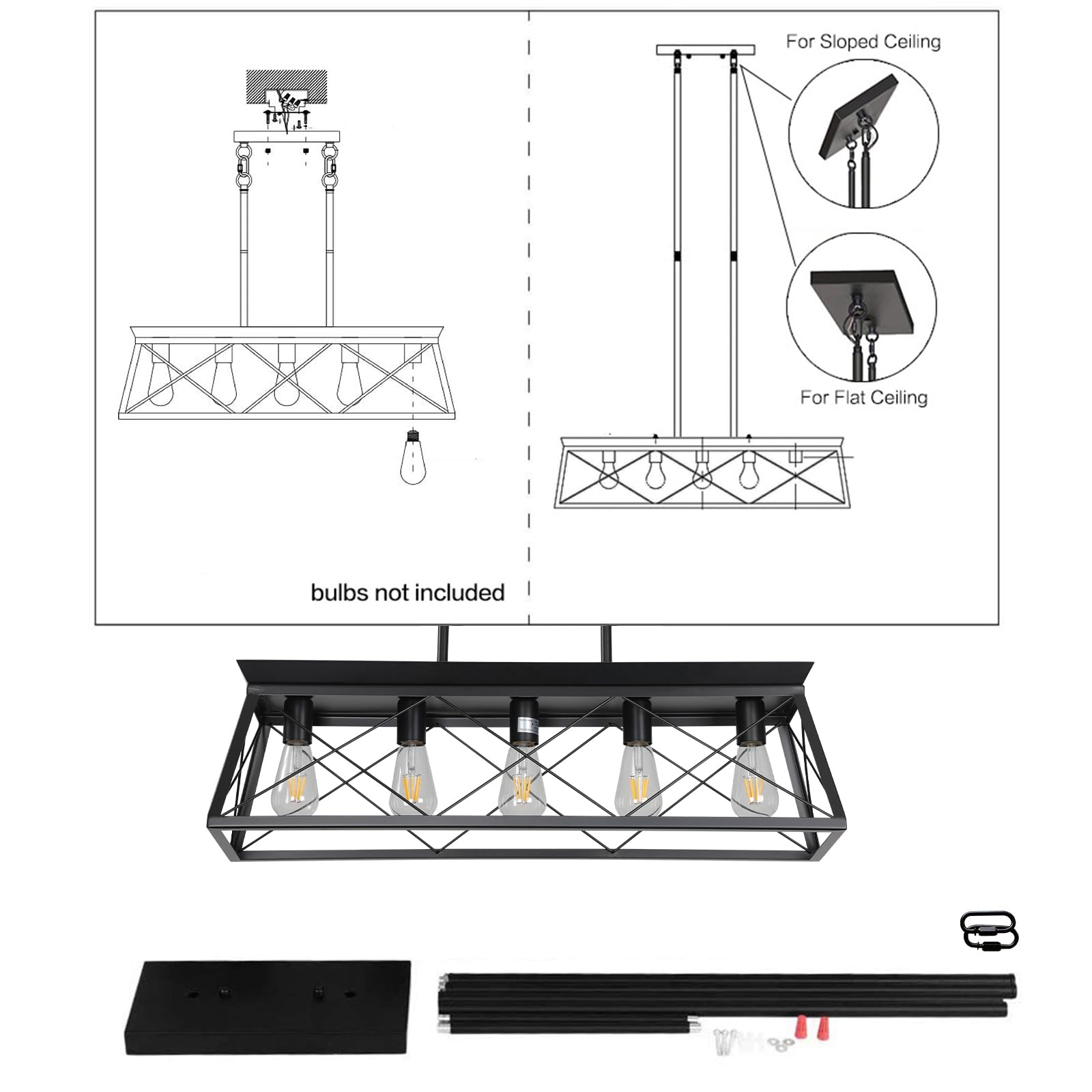 KUNPEZY Modern Farmhouse Chandelier Lighting Fixture, 5 Lights Industrial Island Light for Dining Room, Living Room, Kitchen Island, Black