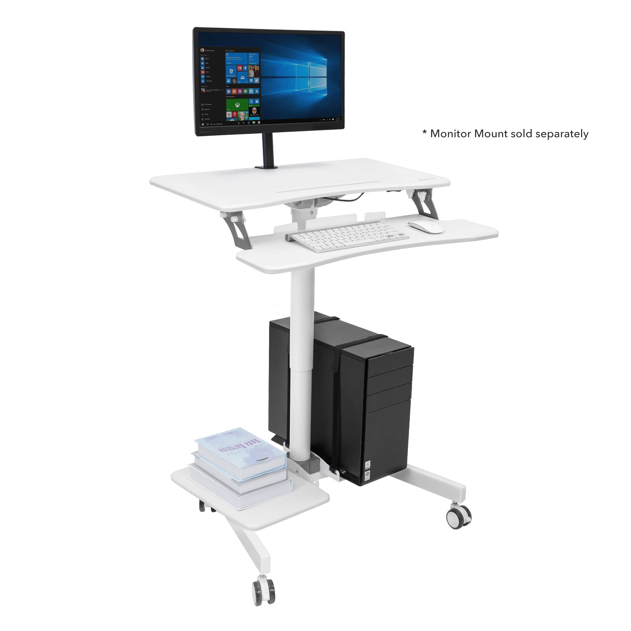 Mount-It! Mobile Rolling Small Table, Height Adjustable up to 43" Computer Desk with Wheels, Medical Nurse Hospital Workstation, Printer CPU Shelves, White Office Portable Computer Cart Keyboard Tray