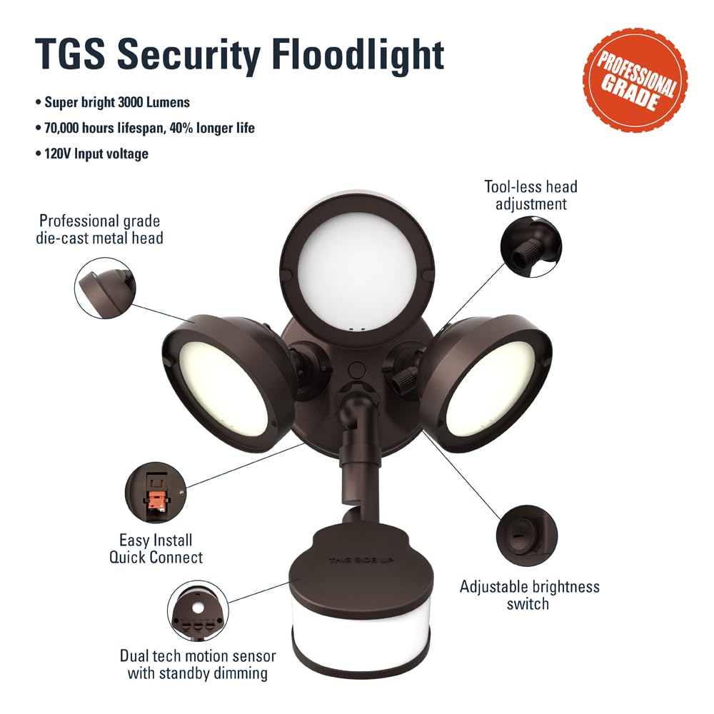 TGS 27-Watt, Bronze, Motion Activated, Outdoor Integrated LED Flood Light with Round Triple Head, 4000K, 3000 Lumens