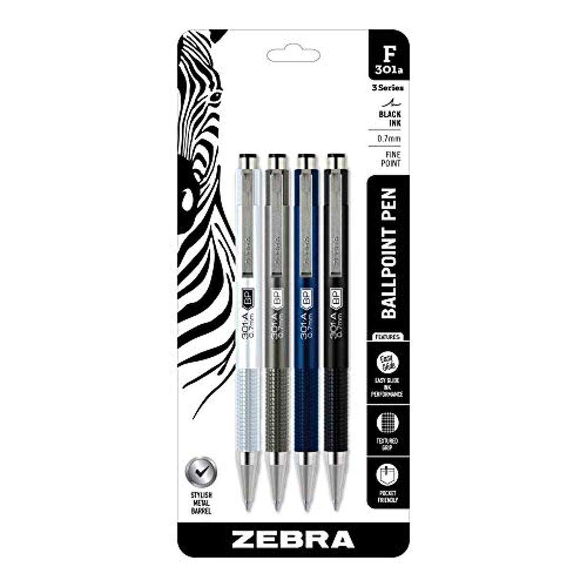 Zebra Pen F-301A Retractable Ballpoint Pen, Premium Metal Barrel in Assorted Colors, Fine Point, 0.7mm, Black Ink, 4-Pack