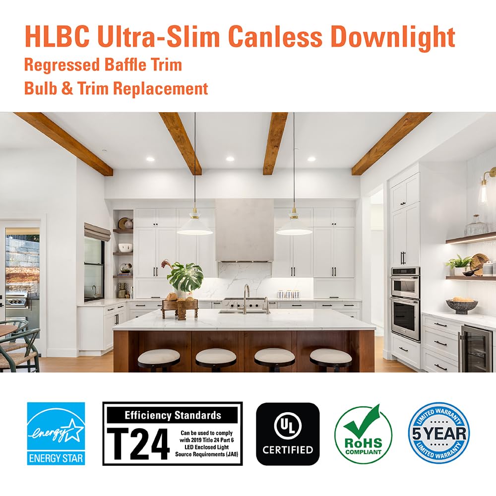 HALO HLBC 4 inch Ultra-Slim Regressed LED Downlight, Selectable CCT with Dim to Warm, Canless Installation