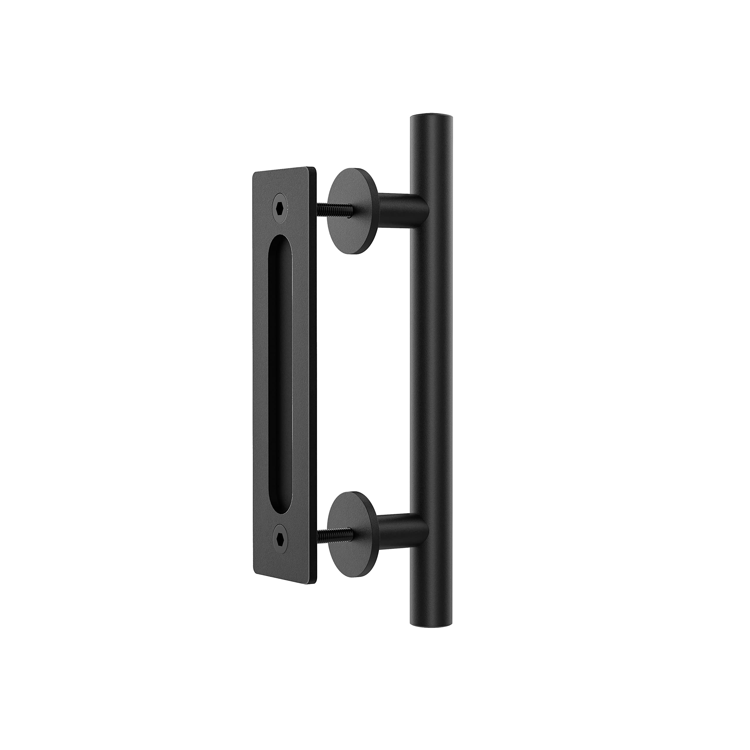 WINSOON 12"Sliding Barn Door Handles Black Hardware with Flush Finger Pull Double-Sided Design, Pull and Flush Barn Door Handle Kit, Solid Steel Material, For Gate/Garages/Cabinet, Round, Matte Black