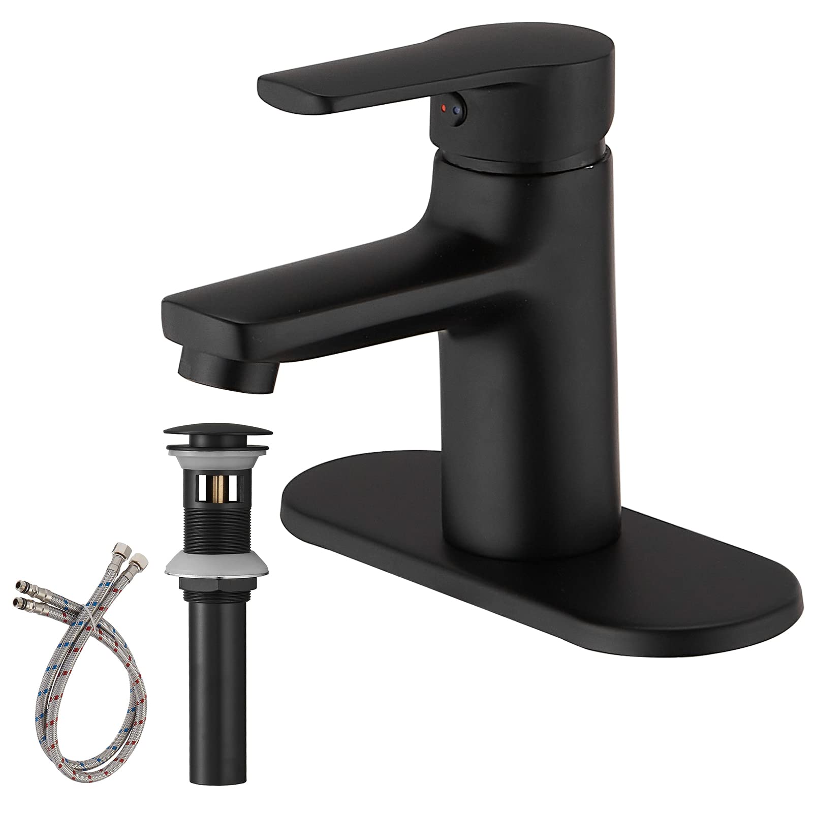 BWE Single Hole Matte Black Bathroom Faucet Single Handle Vanity Faucet with Pop Up Drain Stopper and Faucet Supply Hose Commercial Bathroom Sink Faucet Modern RV Lavatory Basin Mixer Tap