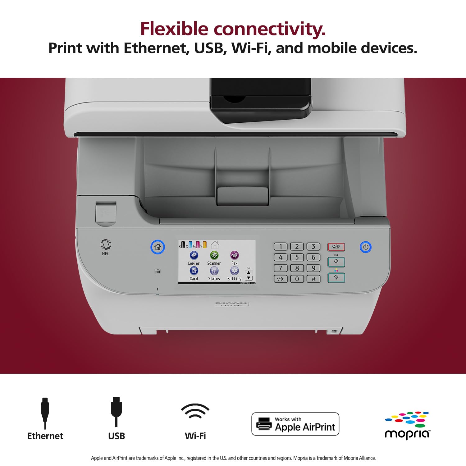 RICOH C125 MF Color Laser All-in-One Printer | 26ppm | Multifunction Copy Scan Fax | Secure Wireless | Touchscreen | Easy Change Toner | WiFi, AirPrint, Mopria, Ethernet, USB | Duplex Printing