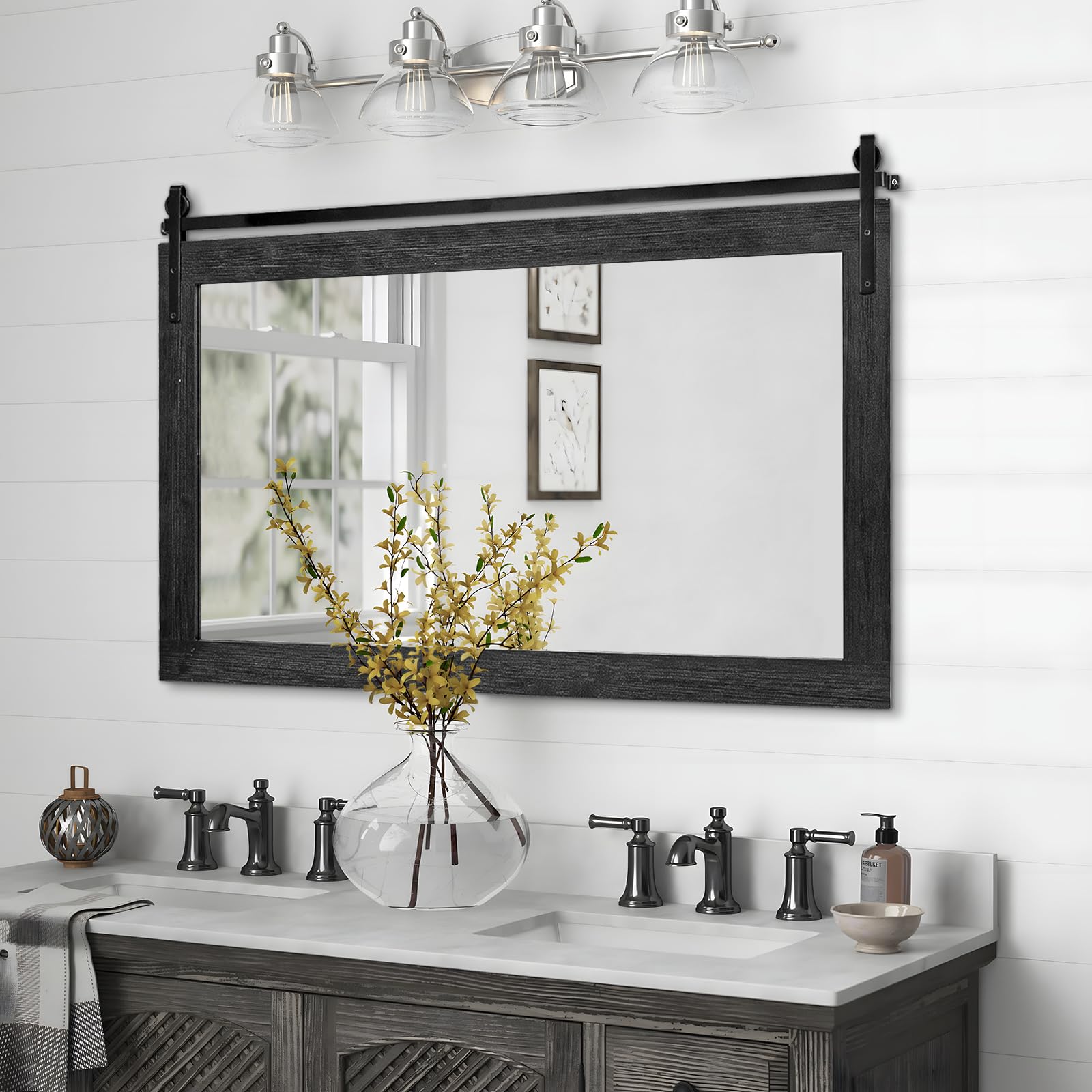 SeekElegant Farmhouse Bathroom Mirror, 40" x 26" Rustic Vanity Mirror, Barn Door Style Wood Framed Wall Mirror, Rectangle Decor Mirror for Living Room, Entryway, Black