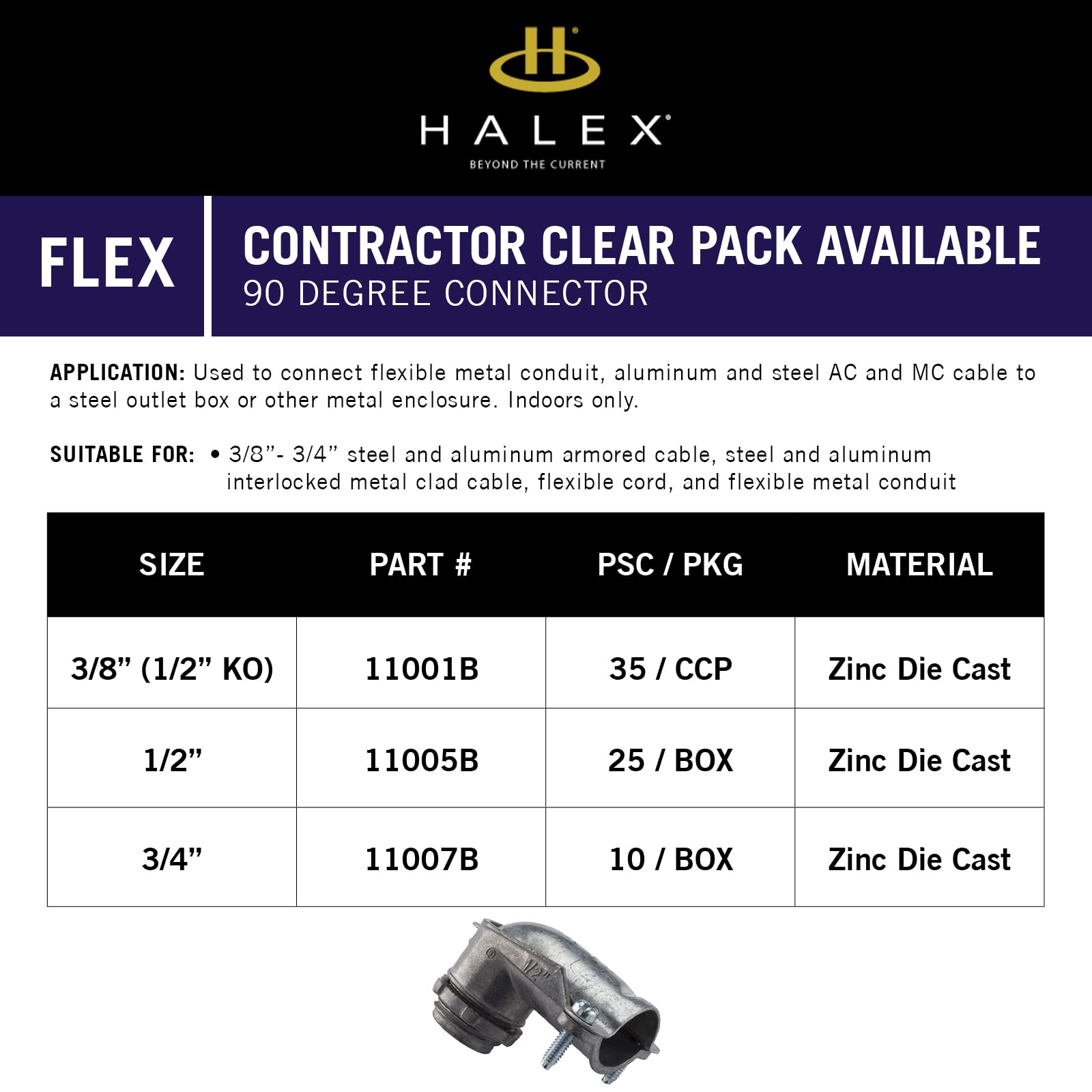 Halex �3/8 Inch FLEX 90 Degree Connector (1/2 Inch KO) Silver � 11001B - 35 Per Pack