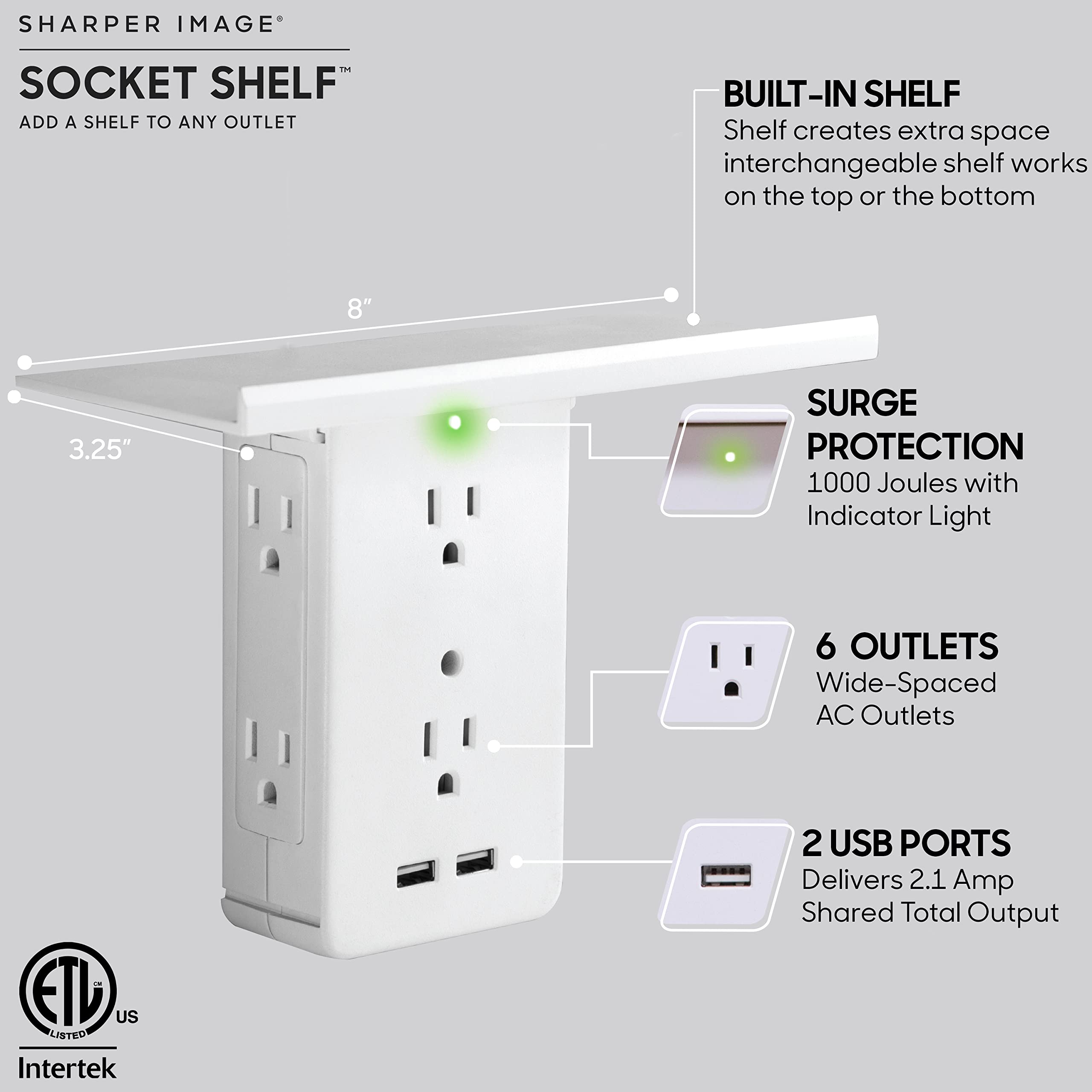 Socket Shelf by Sharper Image- 8 Port Surge Protector Wall Outlet, 6 Electrical Outlet Extenders, 2 USB Charging Ports & Removable Built-in Shelf ETL Listed