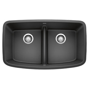 BLANCO, Anthracite 442200 VALEA SILGRANIT 50/50 Double Bowl Undermount Kitchen Sink with Low Divide, 32" X 19"