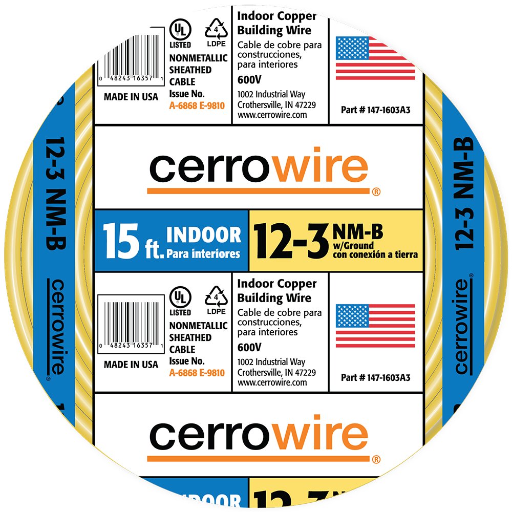 Cerrowire 147-1603A3 15-Feet 12/3 NM-B Solid with Ground Wire, Yellow