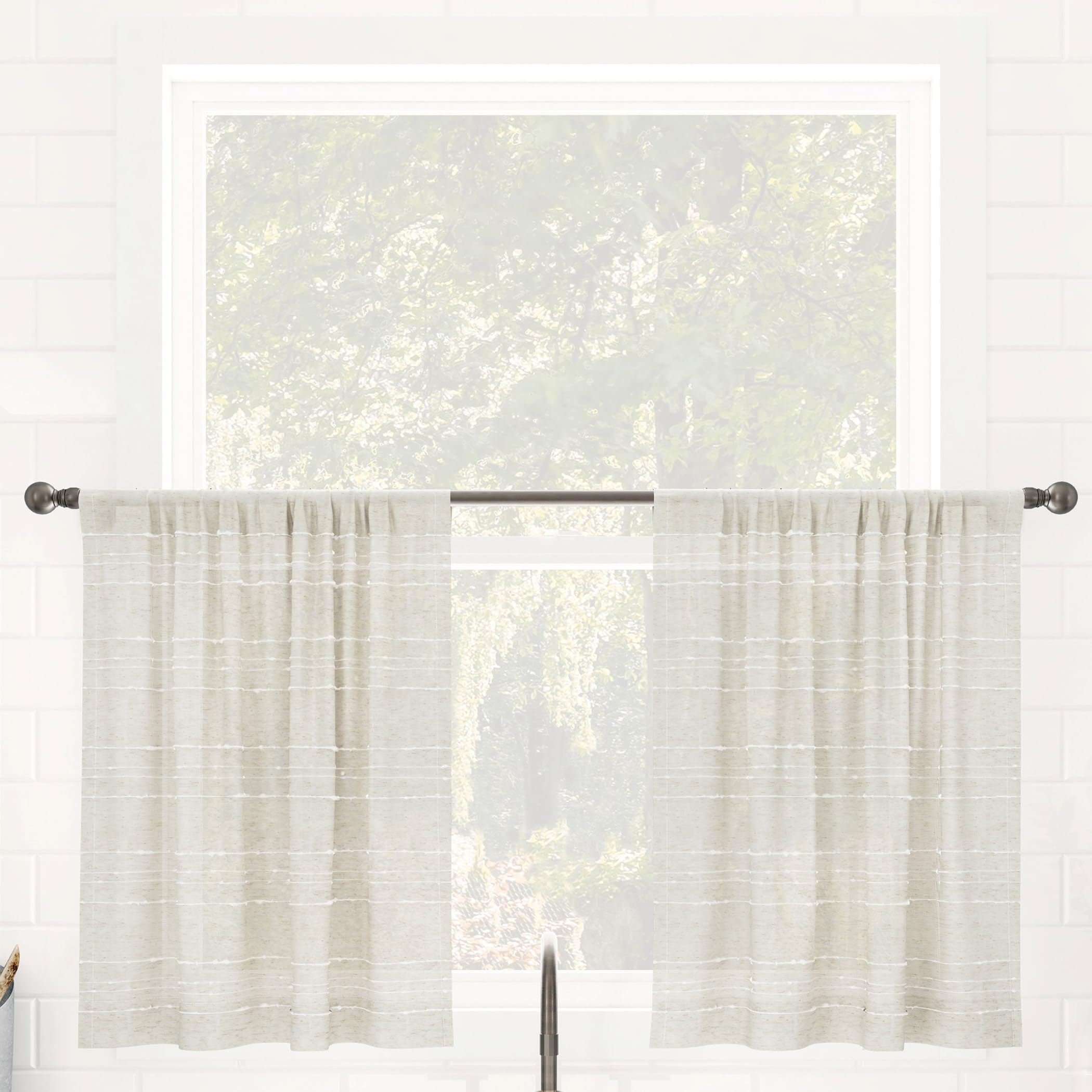 Clean Window Textured Slub Stripe 2-Pack Anti-Dust Allergy/Pet Friendly Sheer Cafe Curtain Pair, Linen, 52" W x 36" L (2 Panels)