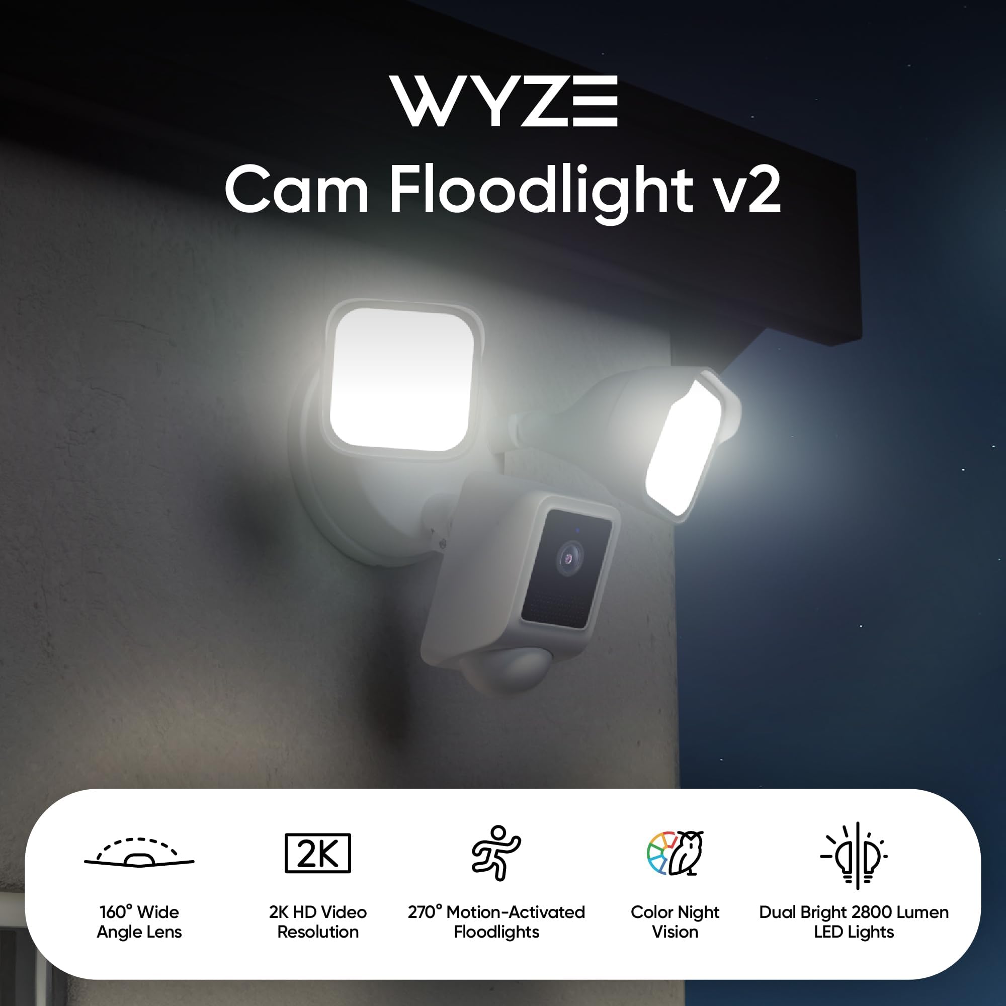 WYZE Floodlight Camera v2, 2800-Lumen LEDs, 2K HD Outdoor Security Camera, 160� Wide View, Motion Activated Light, 105dB Siren, Color Night Vision, Compatible with Alexa & Google Assistant, Wired