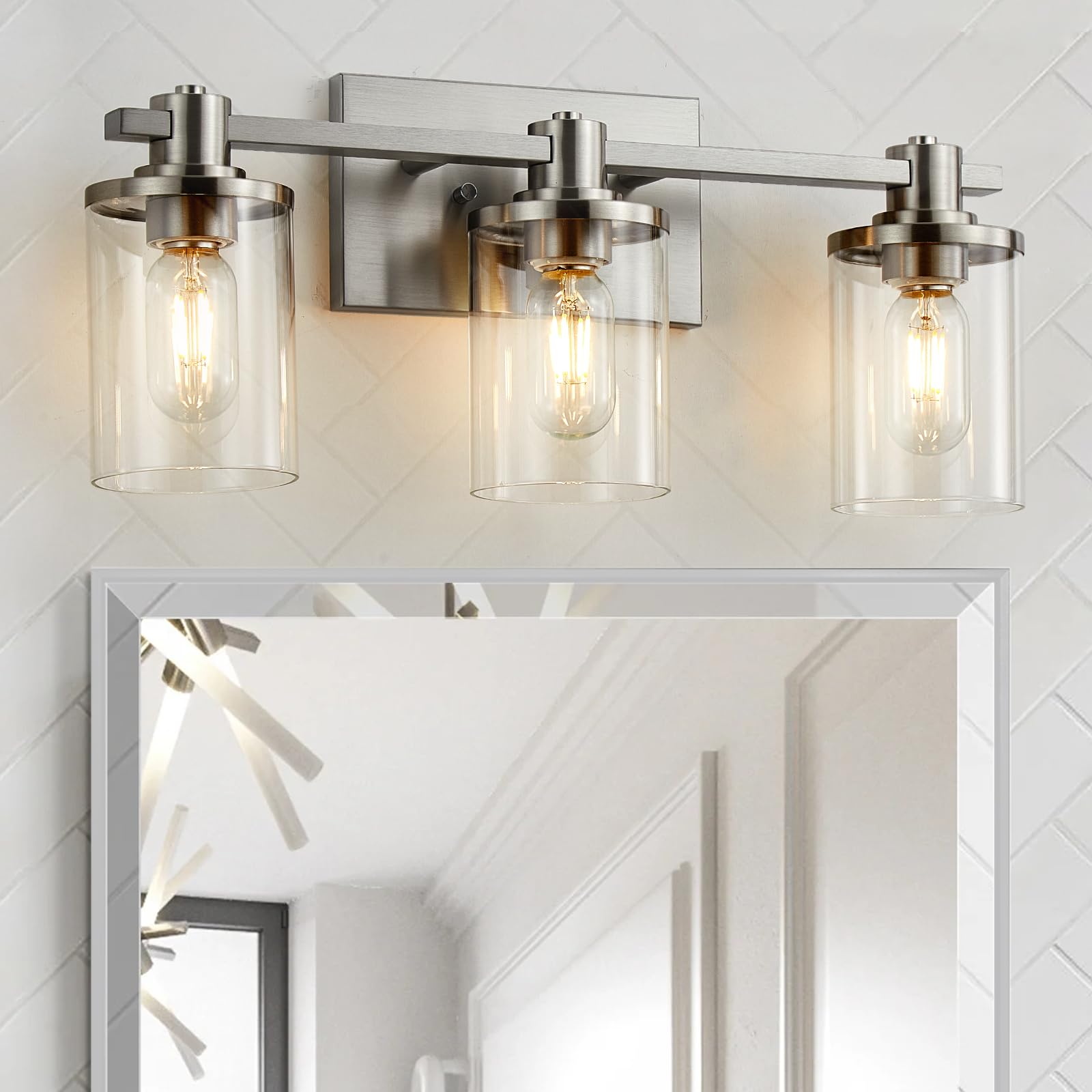 3 Light Bathroom Vanity Light, Brushed Nickel Bathroom Light Fixtures with Clear Glass Shade, Matte Black Finish, Brushed Nickel Copper Accent Socket, Modern Vanity Lights for Bathroom Over Mirror