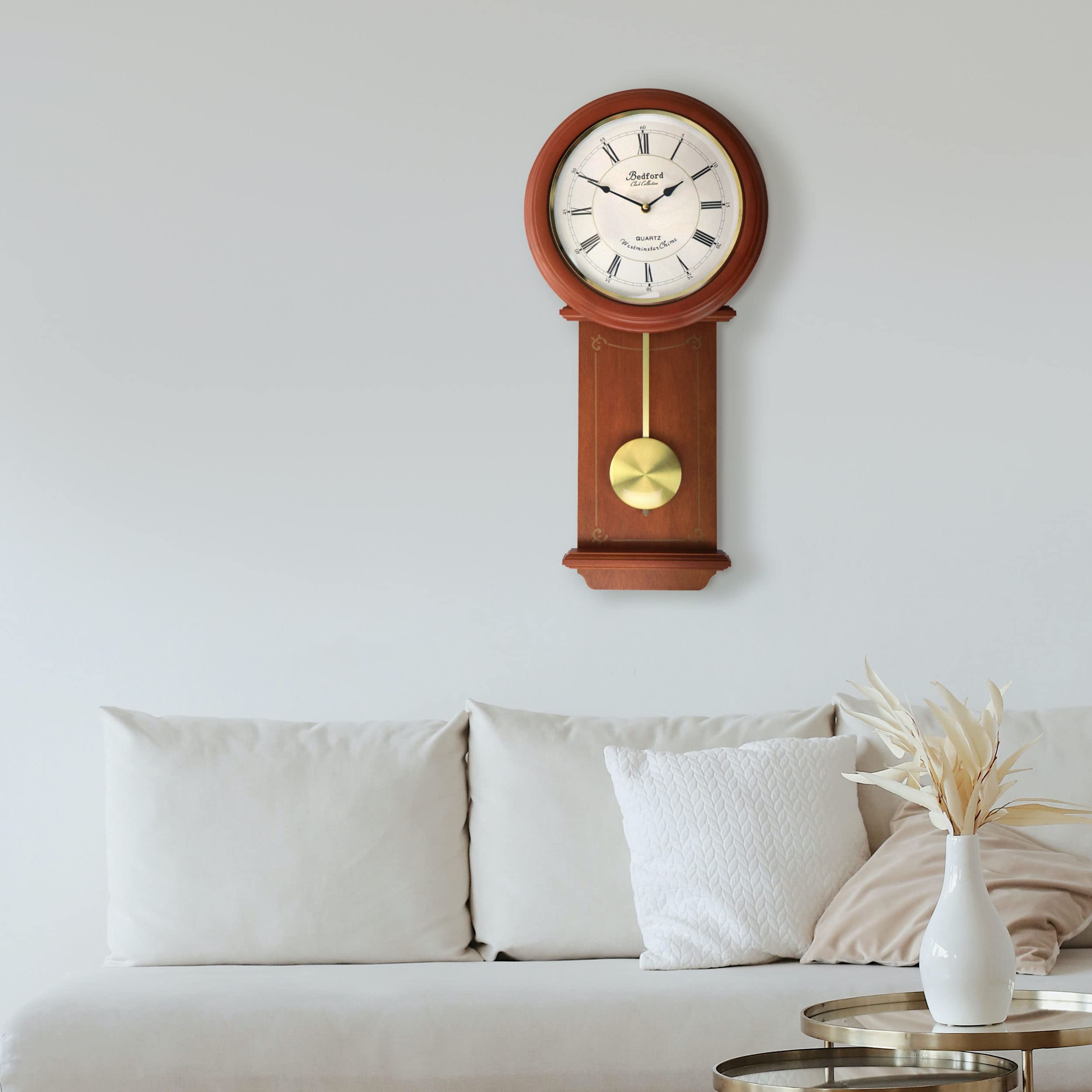 Bedford Clock Collection Olivia 24.5 Inch Cherry Wood Chiming Pendulum Wall Clock