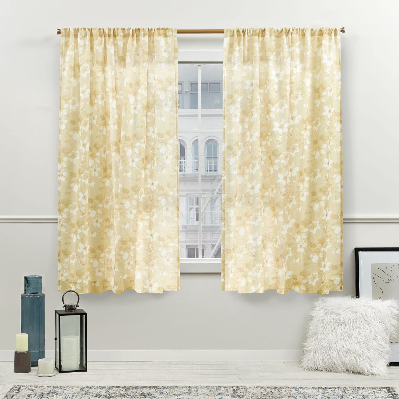 Nicole Miller New York Dara Light Filtering, Semi Sheer Rod Pocket Curtain Panels, 54"x63", Honey Gold, Set of 2