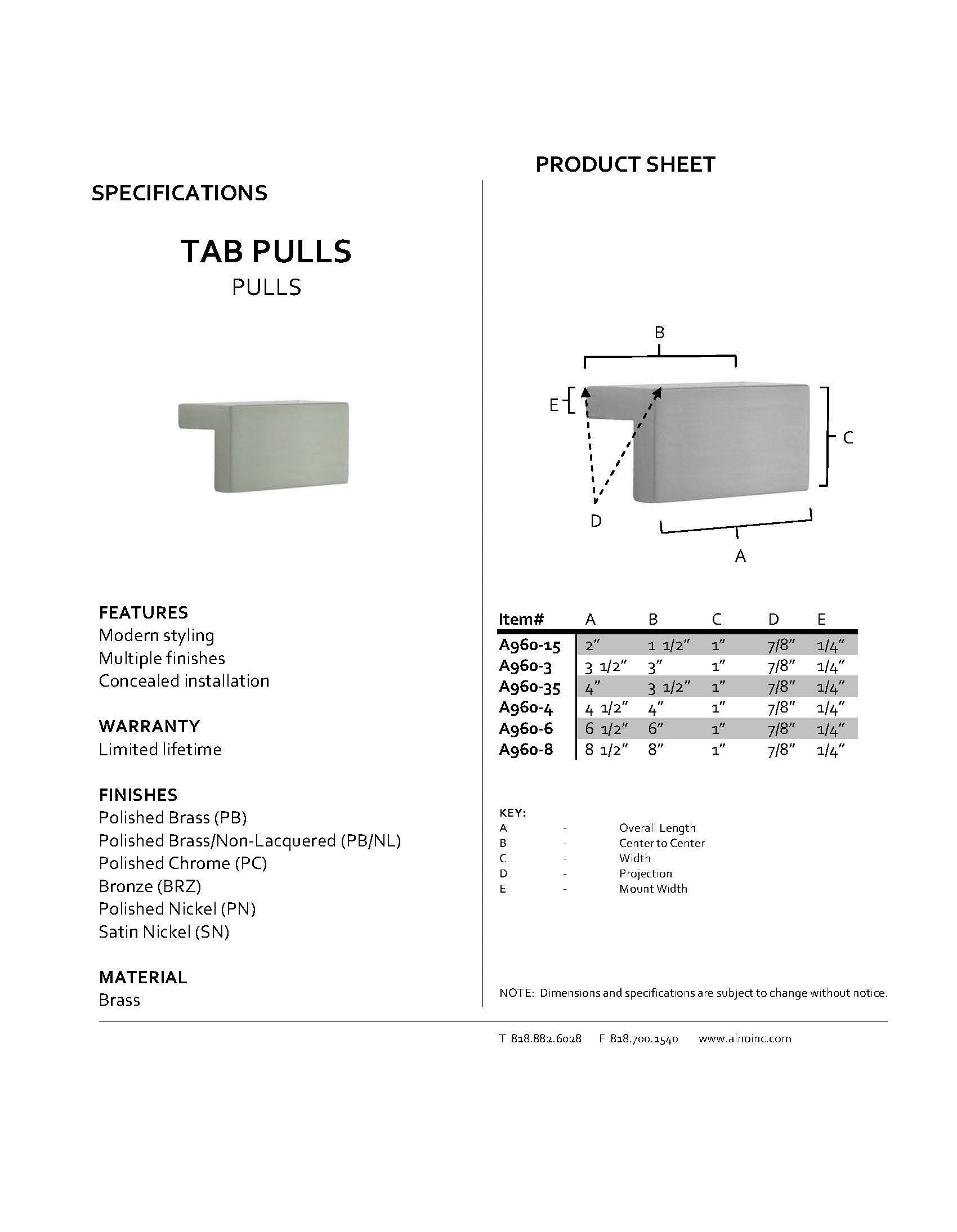 Alno A960-35-PN Tab Pulls Pulls Polished Nickel