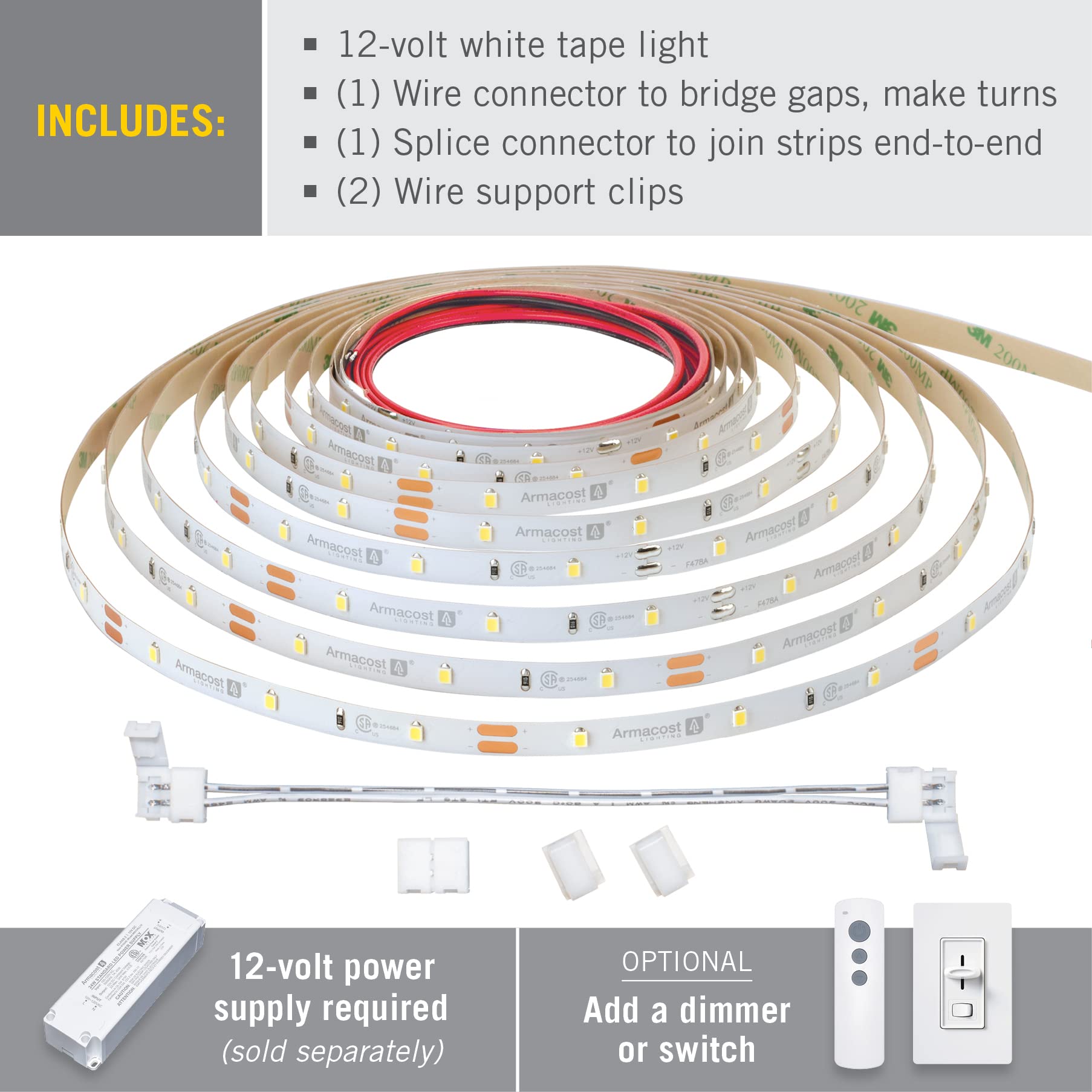 Armacost Lighting RibbonFlex Home 12V White LED Strip Light Tape 30 LED/m 3000K 16 ft (5m), 16.4 ft (5m) 141232