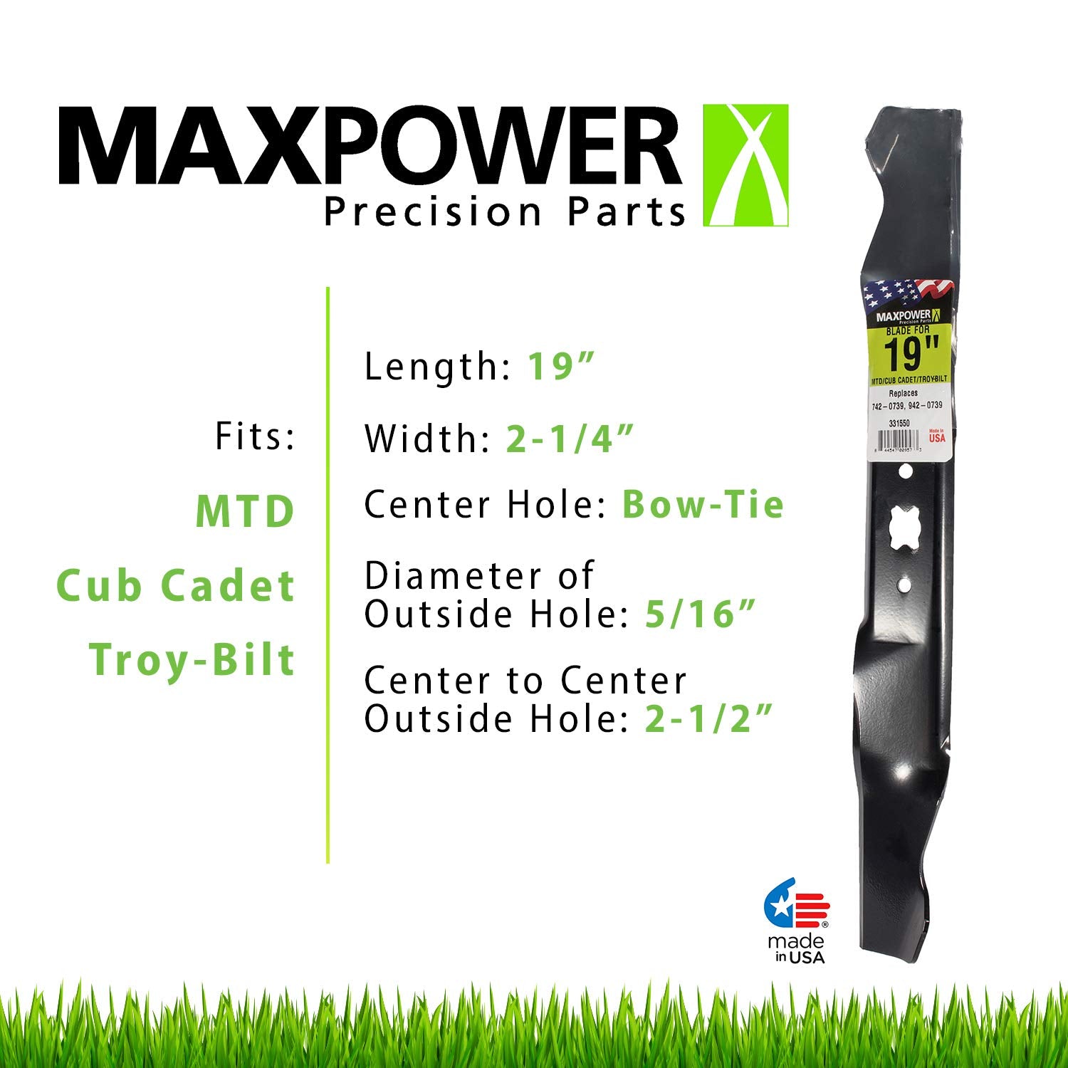 MaxPower Mower Blade for 19 in. Cut MTD, Cub Cadet, Troy-Bilt Walk Behind Mowers Replaces OEM #'s 742-0739 and 942-0739