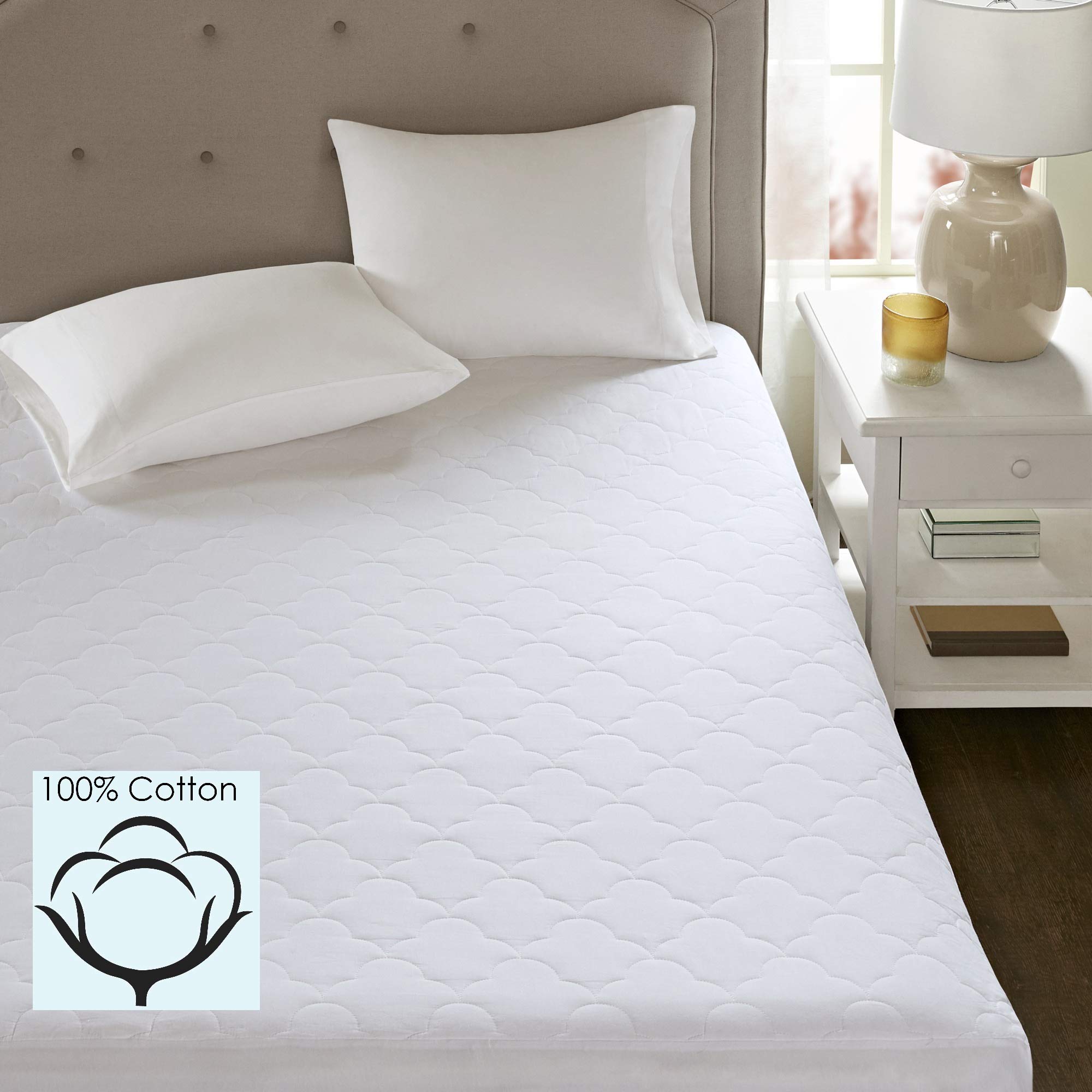 Sleep Philosophy Cotton Mattress Pad, Classic Cloud Quilted All Natural Top, Breathable Bed Protector Topper Fitted Pocket Fits Up to 16 Inch, Machine Washable, White Full