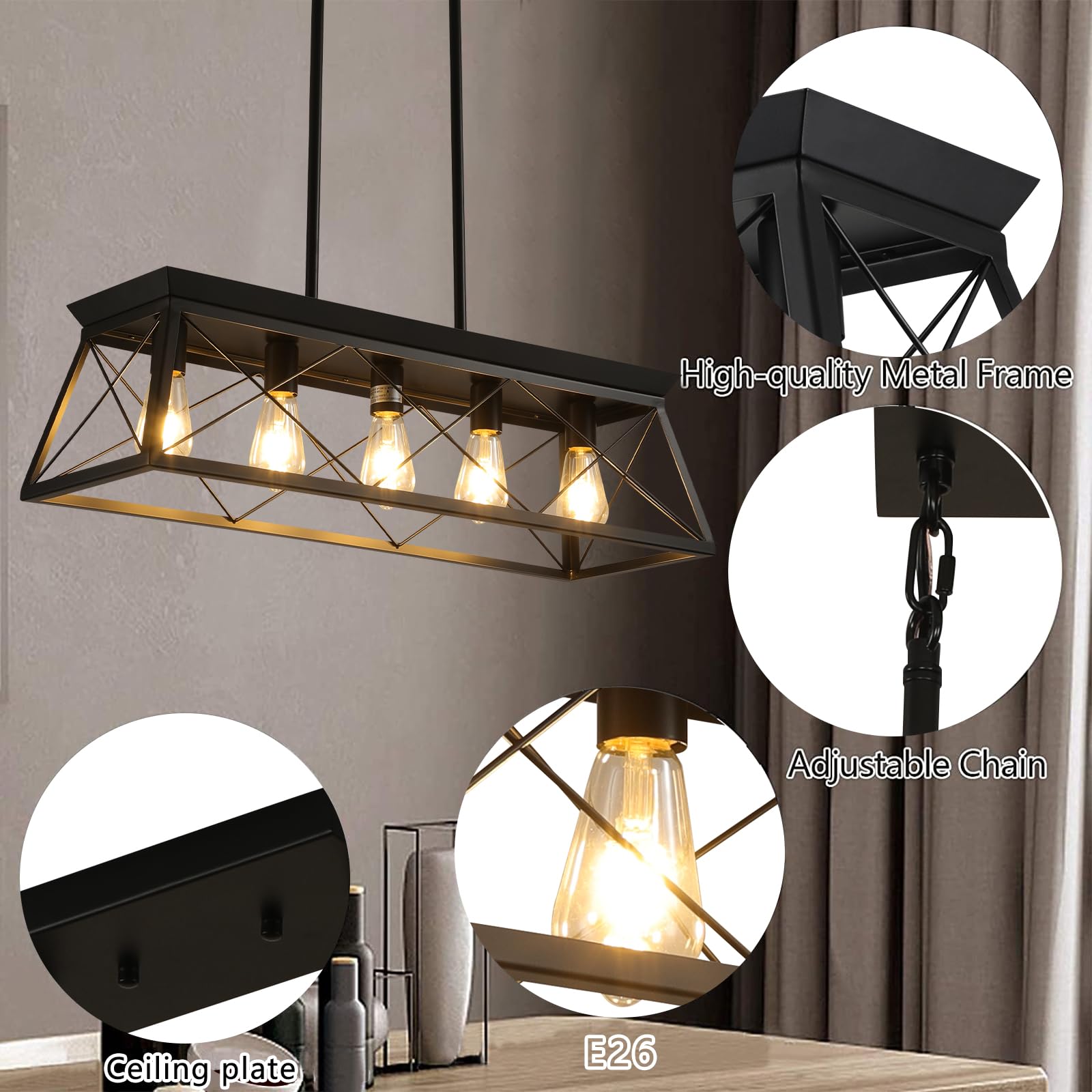 KUNPEZY Modern Farmhouse Chandelier Lighting Fixture, 5 Lights Industrial Island Light for Dining Room, Living Room, Kitchen Island, Black