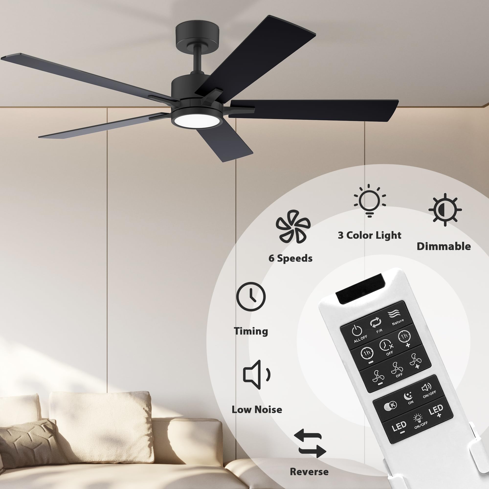 52" Ceiling Fan with Lights and Remote Control, Quiet DC Motor, Indoor outdoor Modern Ceiling Fans with Dimmable LED Light , 6-Speed, 5-Blade, Waterproof, Black/Light Brown for Bedroom, Patio, Porch