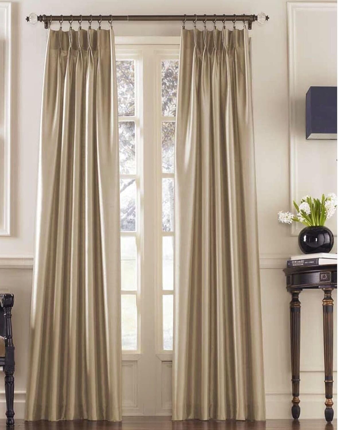Curtainworks Marquee Faux Silk Pinch Pleat Curtain Panel, 30 by 95", Sand (Champagne Beige)