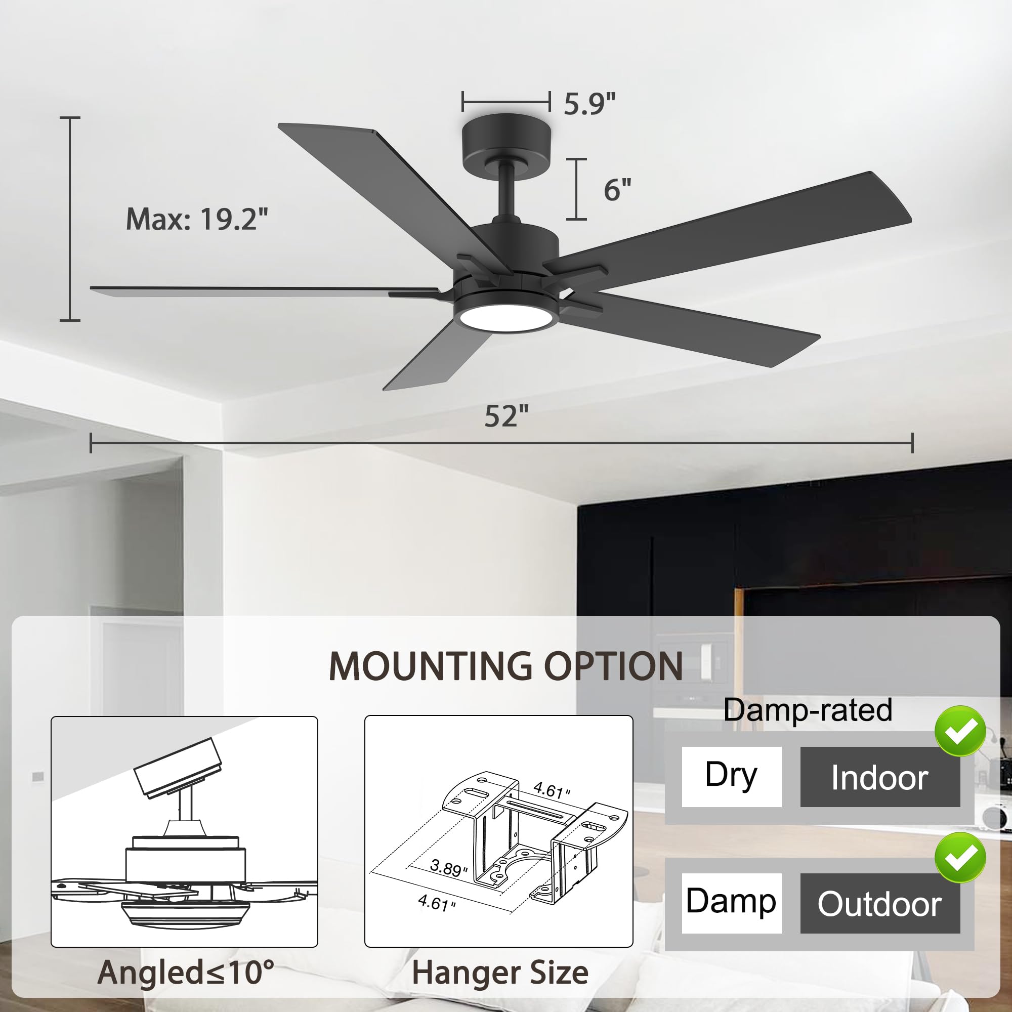 52" Ceiling Fan with Lights and Remote Control, Quiet DC Motor, Indoor outdoor Modern Ceiling Fans with Dimmable LED Light , 6-Speed, 5-Blade, Waterproof, Black/Light Brown for Bedroom, Patio, Porch