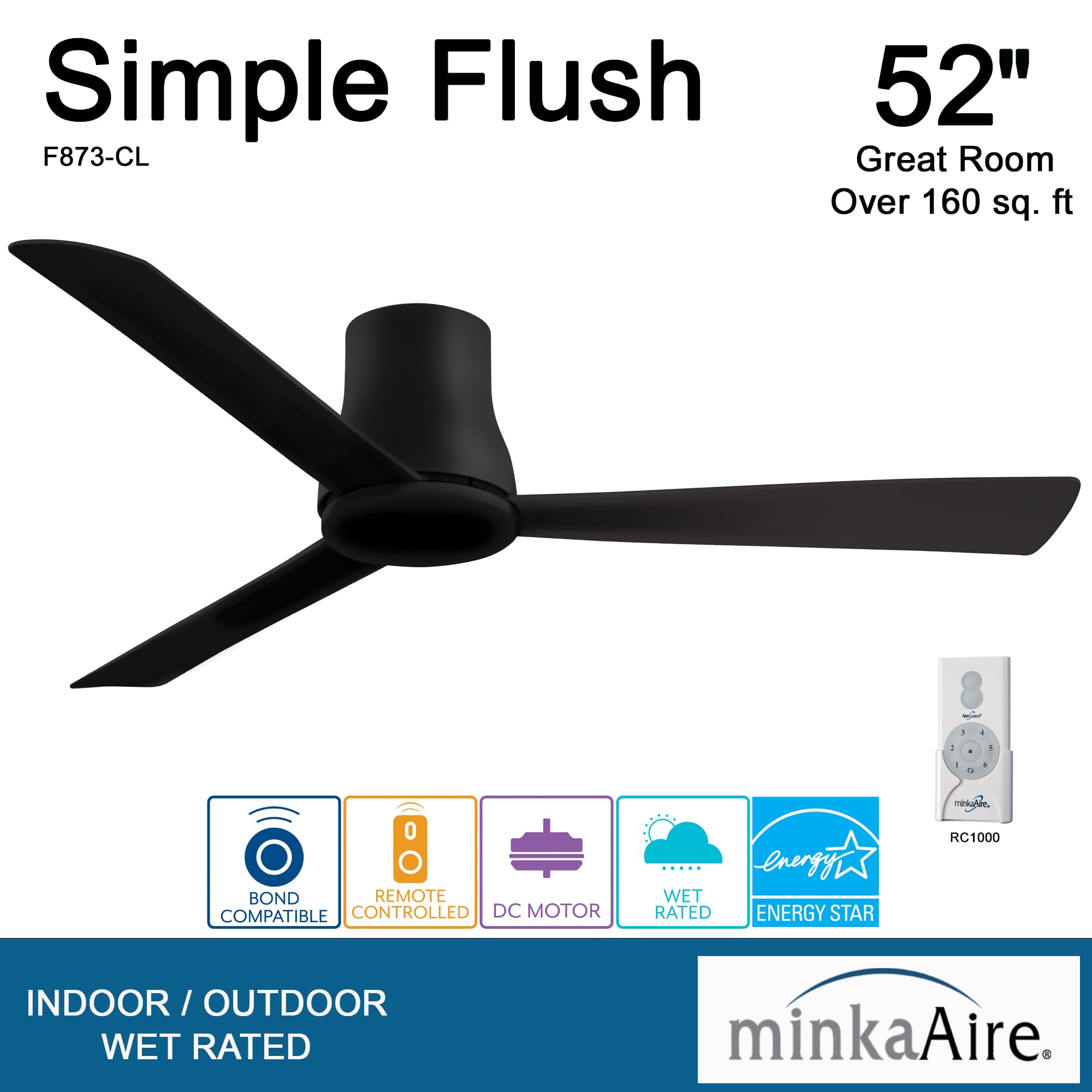 Minka-Aire Simple Flush Hugger 52" Hugger Ceiling Fan with Remote Control in Coal Black Finish, F873-CL