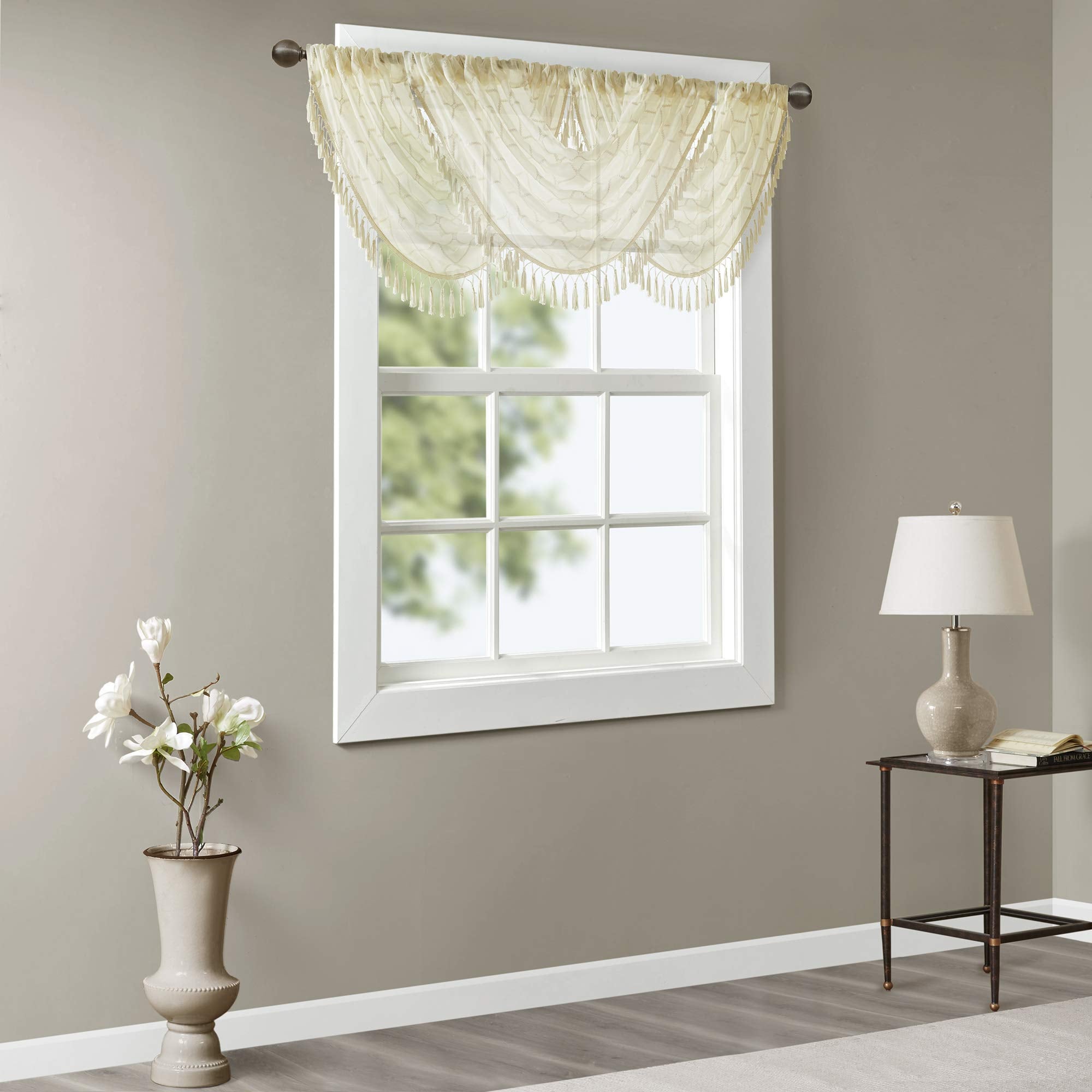 Madison Park Irina Sheer Embroidered Curtains Valance For-Kitchen, Transitional Fabric Curtain-Valance For Living Room, 1-Panel Pack, 38 x 46", Ivory