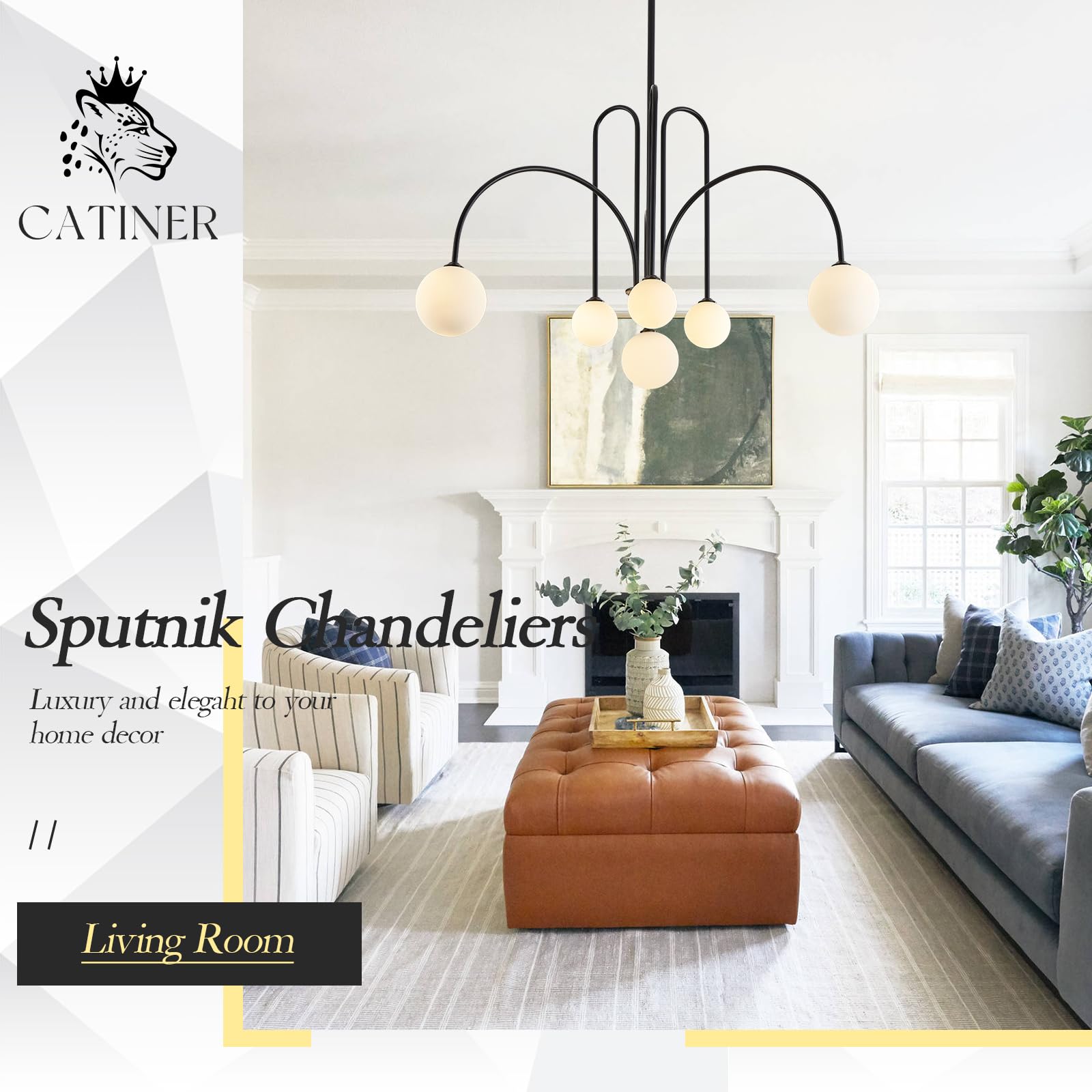 CATINER Modern Black Chandelier 6 Lights Sputnik Chandelier for Dining Room Large L40” Mid Century Ceiling Pendant Light Fixtures with Withe Glass Globe Shades for Foyer Bedroom