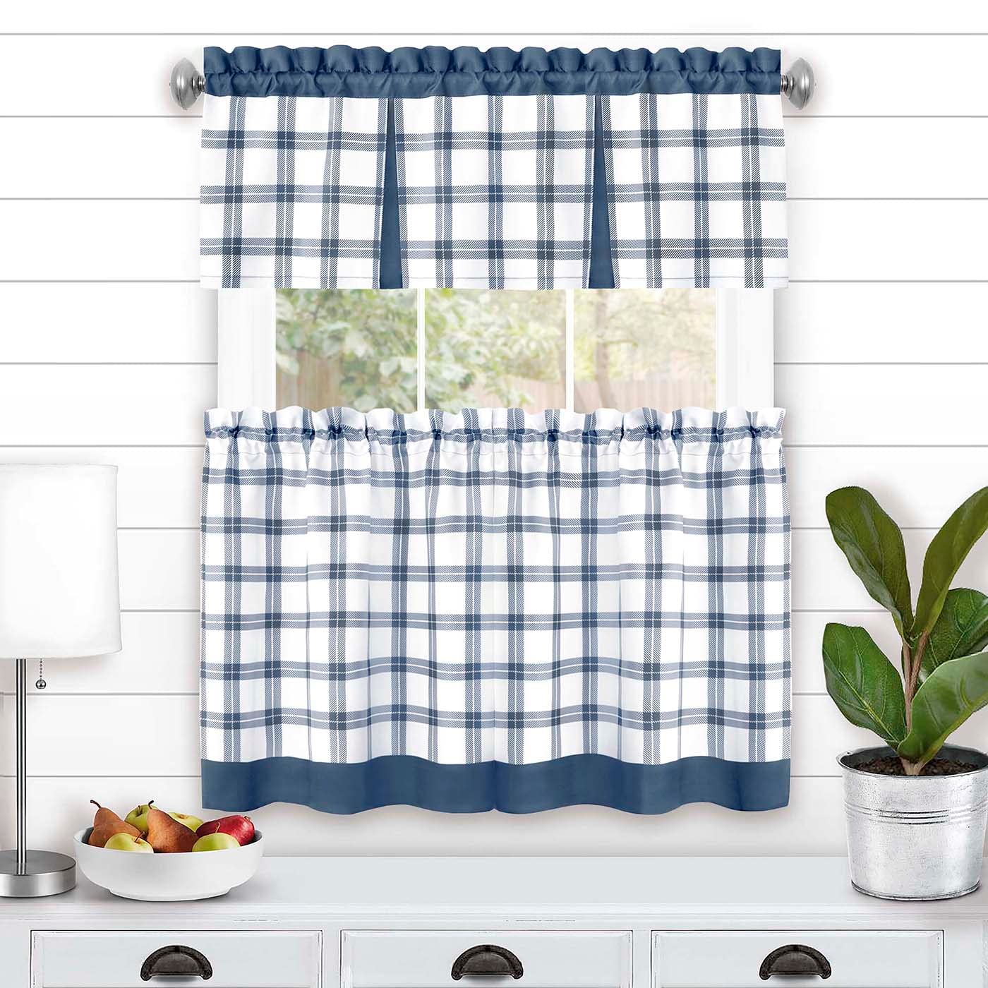 Achim Tate Tier and Valance Window Curtain Set - 58 Width, 24 Length, 1.5 Inch Rod Pocket - Blue - Soft Light Filtering Fabric with Windowpane Plaid Design & Machine Washable Home Décor