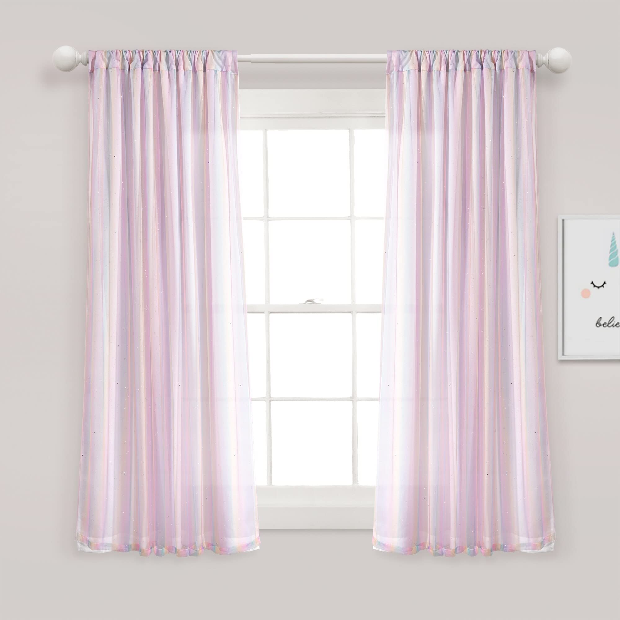 Lush Decor Rainbow Sheer Rod Pocket with Lining Window Curtain Panel (Single Panel), 84" L x 38" W, Rainbow