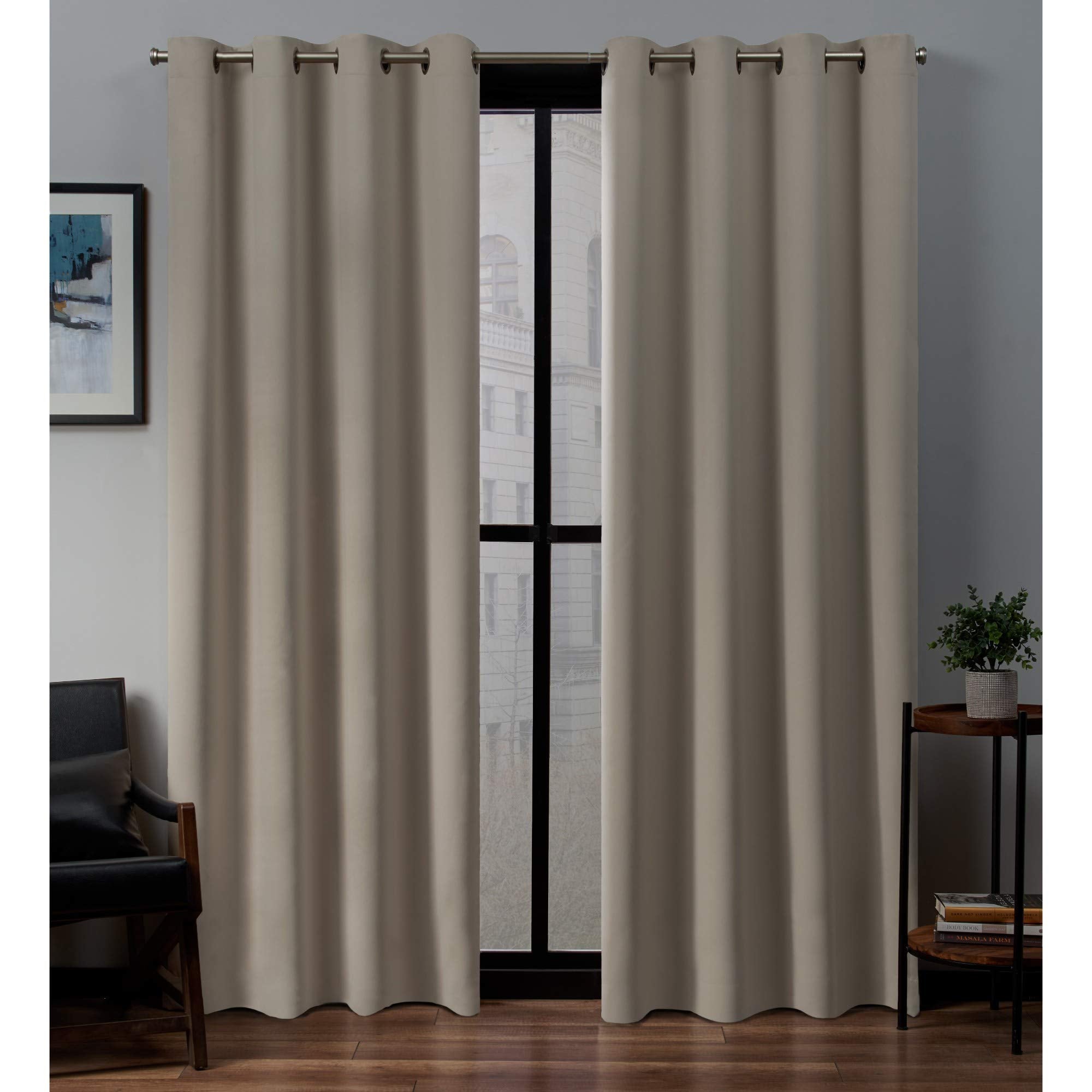 EXCLUSIVE HOME Sateen Twill Woven Room Darkening Blackout Grommet Top Curtain Panel Pair, 52"x84", Stone