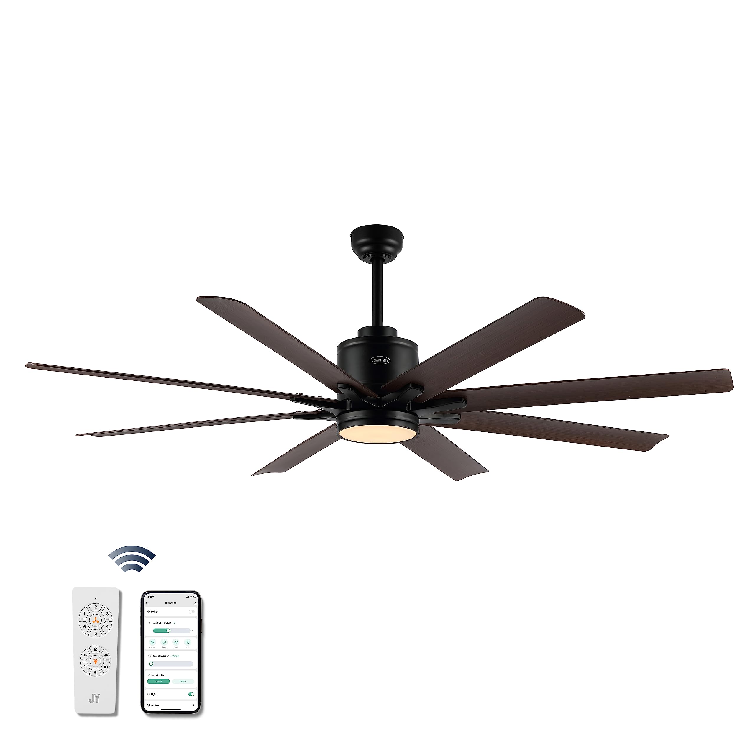 JONATHAN Y JYL9713B Octo 66" 1-Light Contemporary Industrial Iron/Plastic Mobile-App/Remote-Controlled 6-Speed Ceiling Fan with Integrated LED Light, Black/Neutral Brown Wood Finish