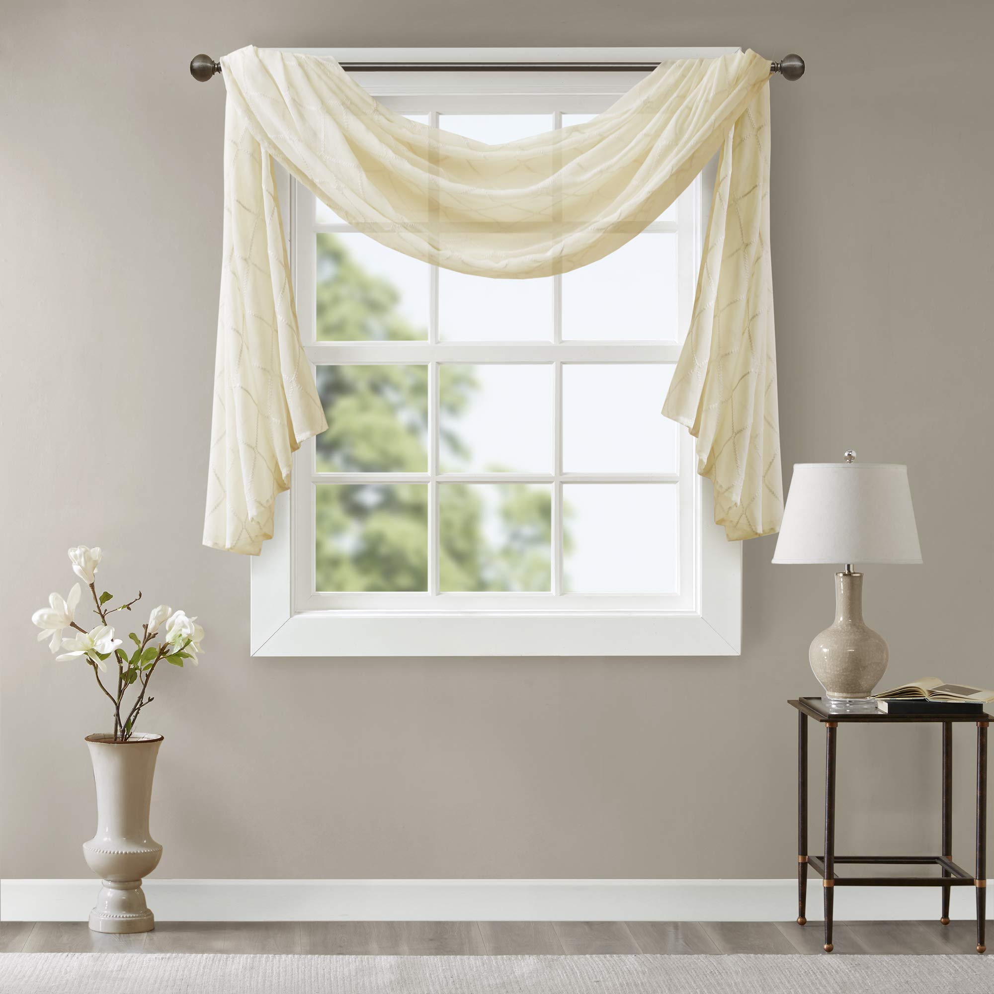 Madison Park Irina Diamond Sheer Embroidered Window Scarf Ivory 50x144