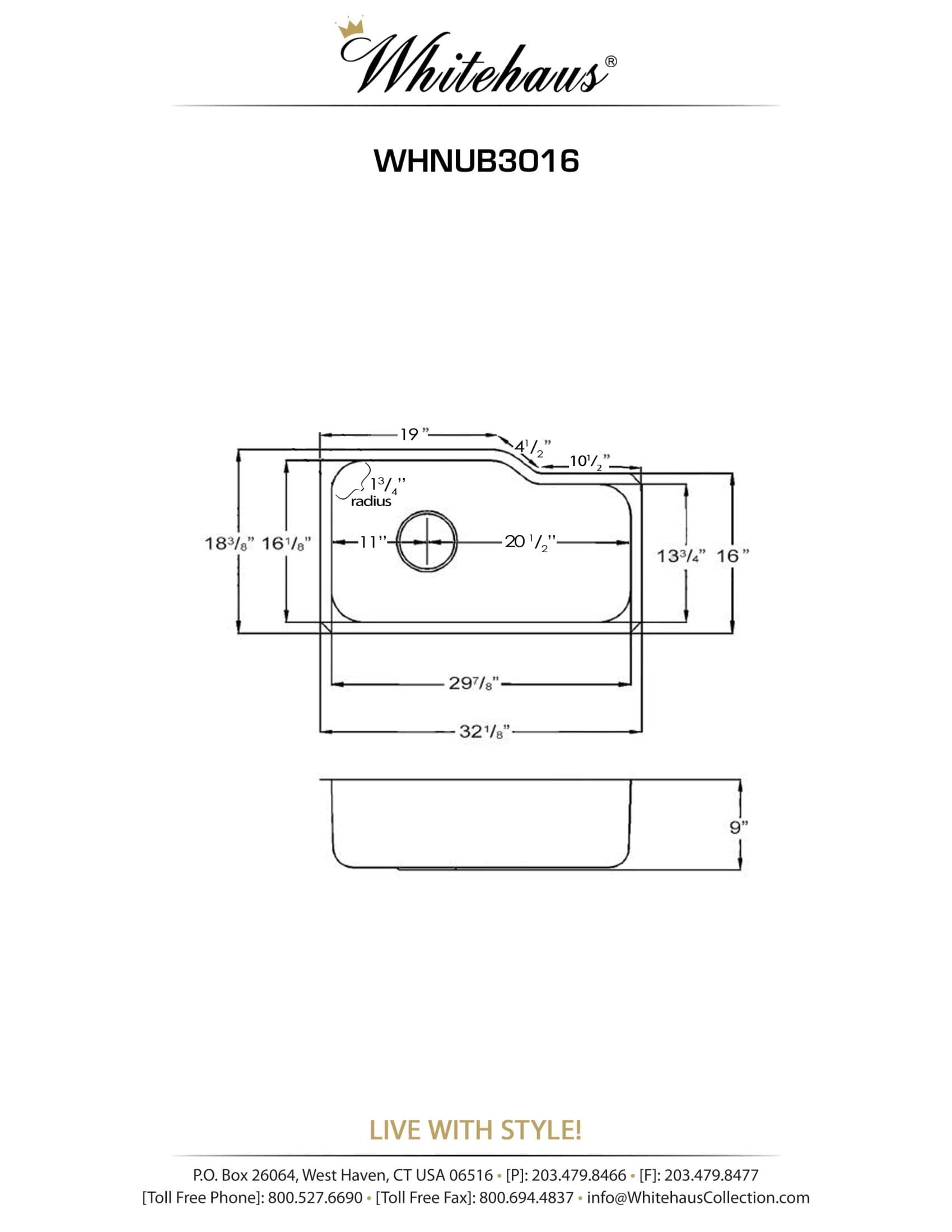 Whitehaus WHNUB3016-BSS Noah's Collection 32 1/8-Inch Single Bowl Undermount Kitchen Sink, Brushed Stainless Steel