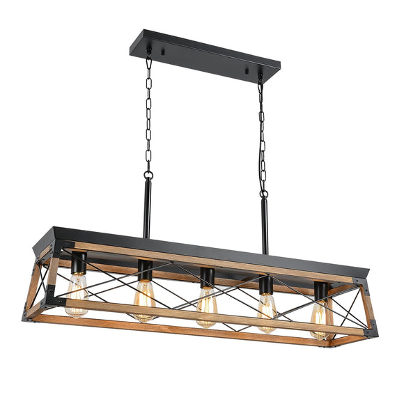 Airposta Farmhouse Rustic Wood Chandelier, 5 Lights Metal Rectangle Dining Room Swag Lighting, Kitchen Island Industrial Linear Cage Pendant Light Fixtures Hanging Lamp