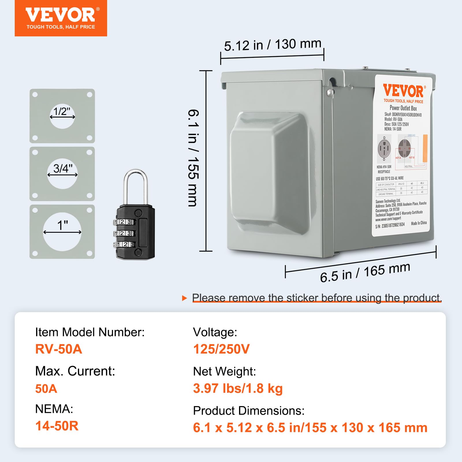 VEVOR 50 Amp RV Power Outlet Box, 125/250 Volt, Enclosed Lockable Outdoor RV Receptacle Box, NEMA 14-50R Weatherproof Electrical Panel, for RV Camper Trailer Motorhome Tested