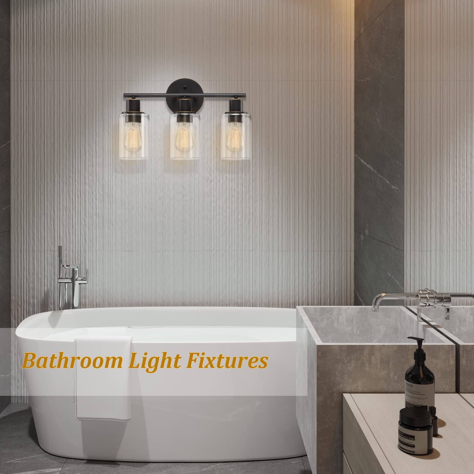 Pia Ricco Bathroom Vanity Light Fixtures, 3-Light Bathroom Wall Lights with Clear Glass Shades, Oil Rubbed Bronze Modern Wall Sconce Over Mirror, Bath Wall Sconces for Living Room Bedroom Hallway