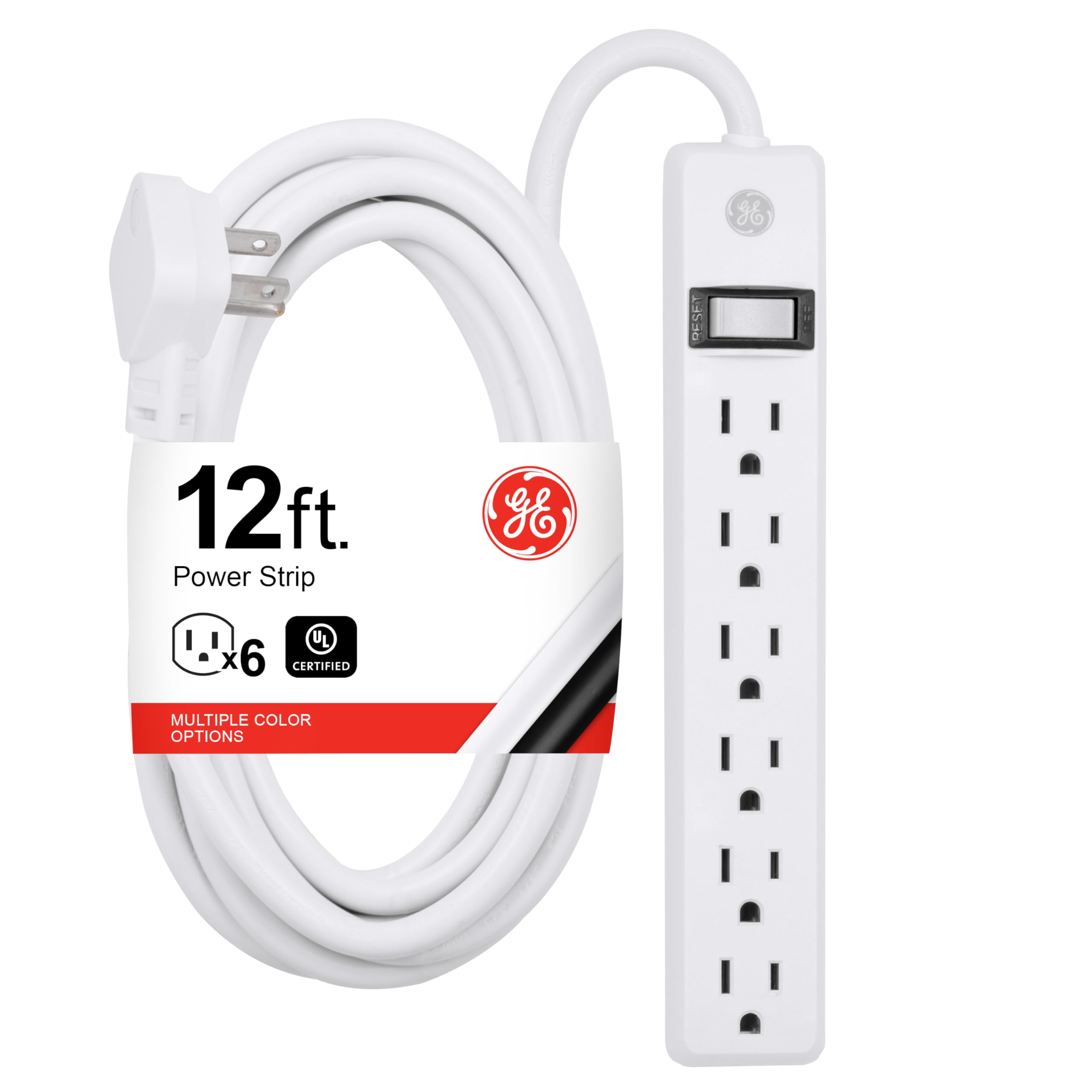 GE 6-Outlet Power Strip, 12 Ft Extension Cord, Flat Plug, Grounded, Integrated Circuit Breaker, 3-Prong, Wall Mount, UL Listed, White, 45195