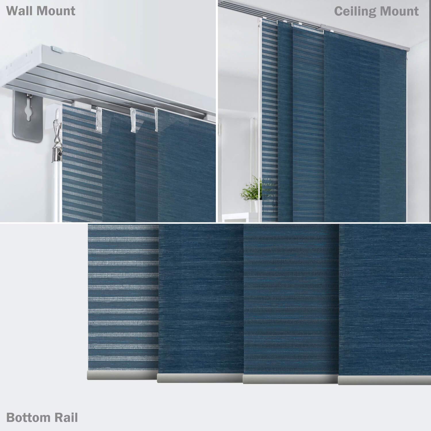 GoDear Design Adjustable Sliding Vertical Blinds for Sliding Glass Doors 45.8"- 86" W x 96" H, Extendable Panel Track Blinds, Hanging Room Dividers, Blue Trimmable Woven Fabric, Semi-Sheer, Meteor