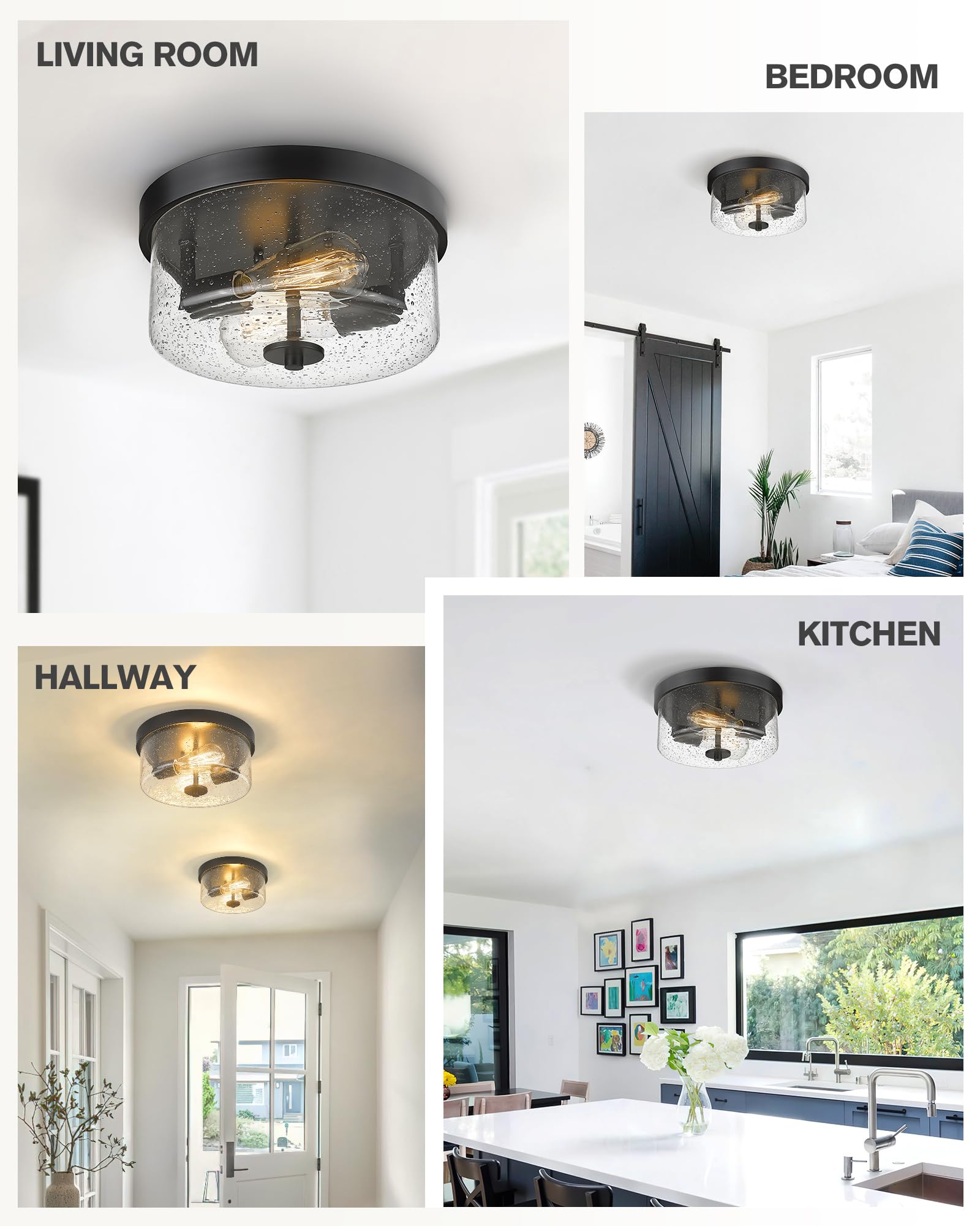 Emak Matte Black 2 Light Flush Mount Ceiling Light Fixture, 11 Inch Close to Ceiling Light Fixtures with Seeded Glass Shades for Hallway, Kitchen, Bathroom, Dining Room, FM082-BK