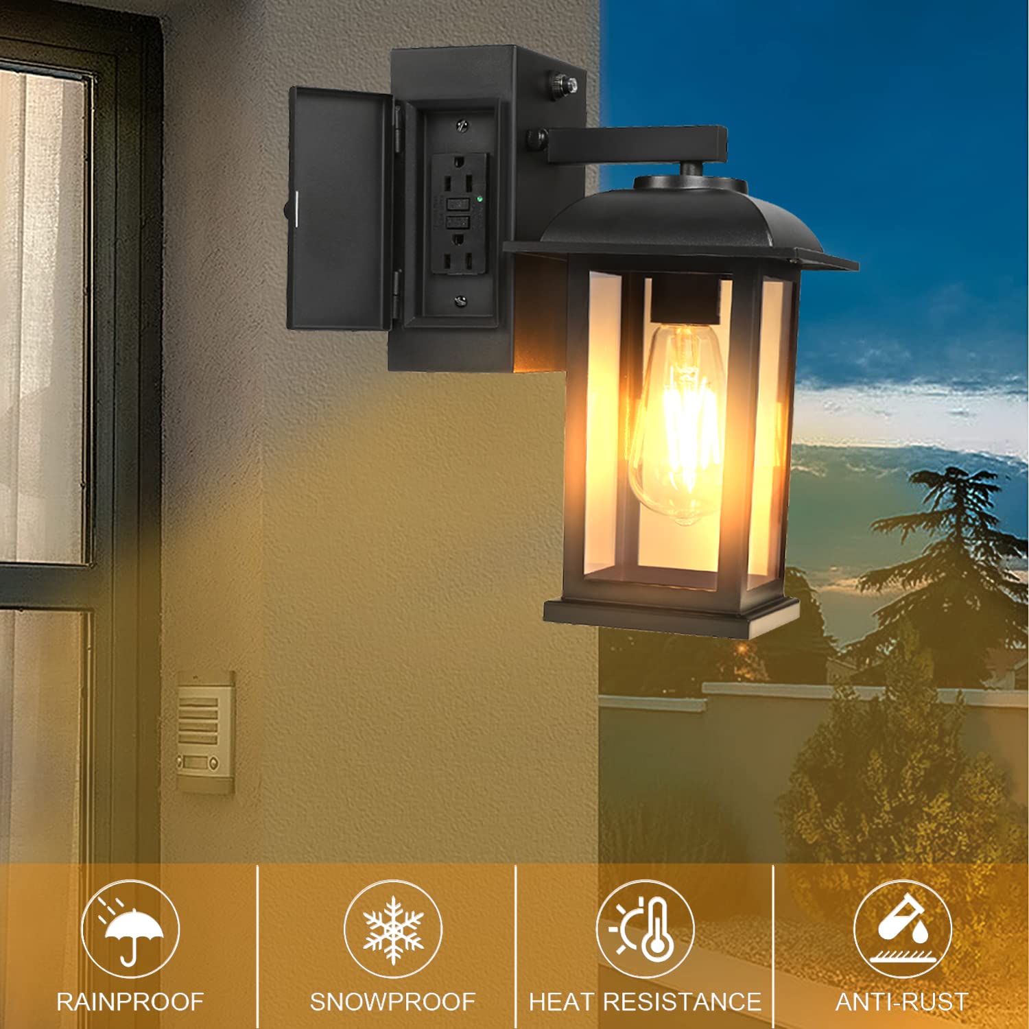 Dusk to Dawn Exterior Porch Lights with 2 GFCi Built-in Outlets [LED Bulb Included] Outdoor Wall Lantern Light with Clear Glass, Outside Waterproof Wall Sconce for Doorway