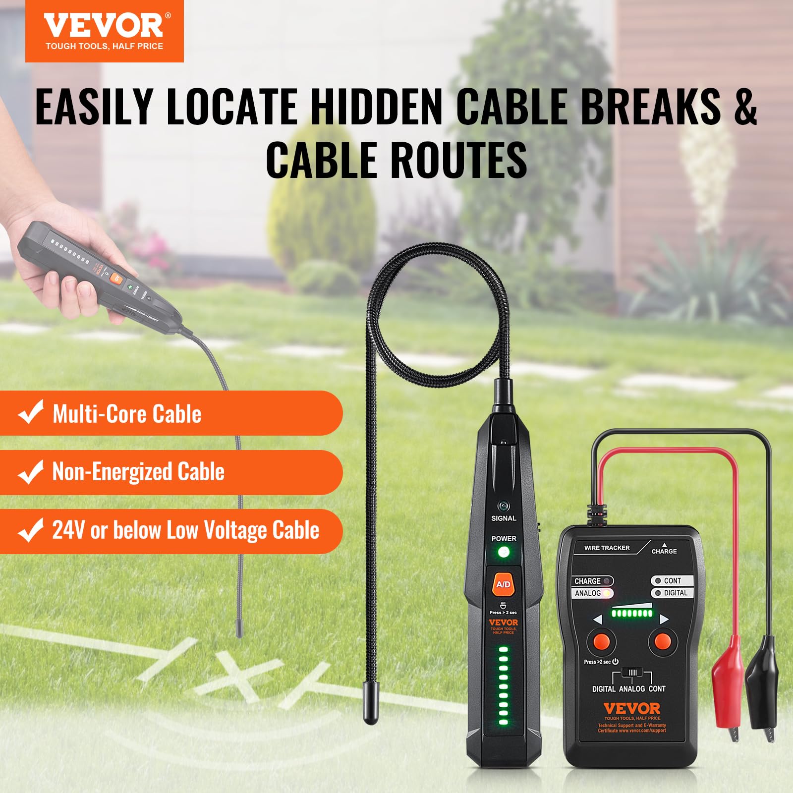 VEVOR Underground Cable Locator, 6.5Ft Max Detection Depth Wire Tracer Break Detector Finder with Earphone, 3280Ft Max. Detection Length Cable Tester for Pet Fence Buried Sprinkler Valve Irrigation