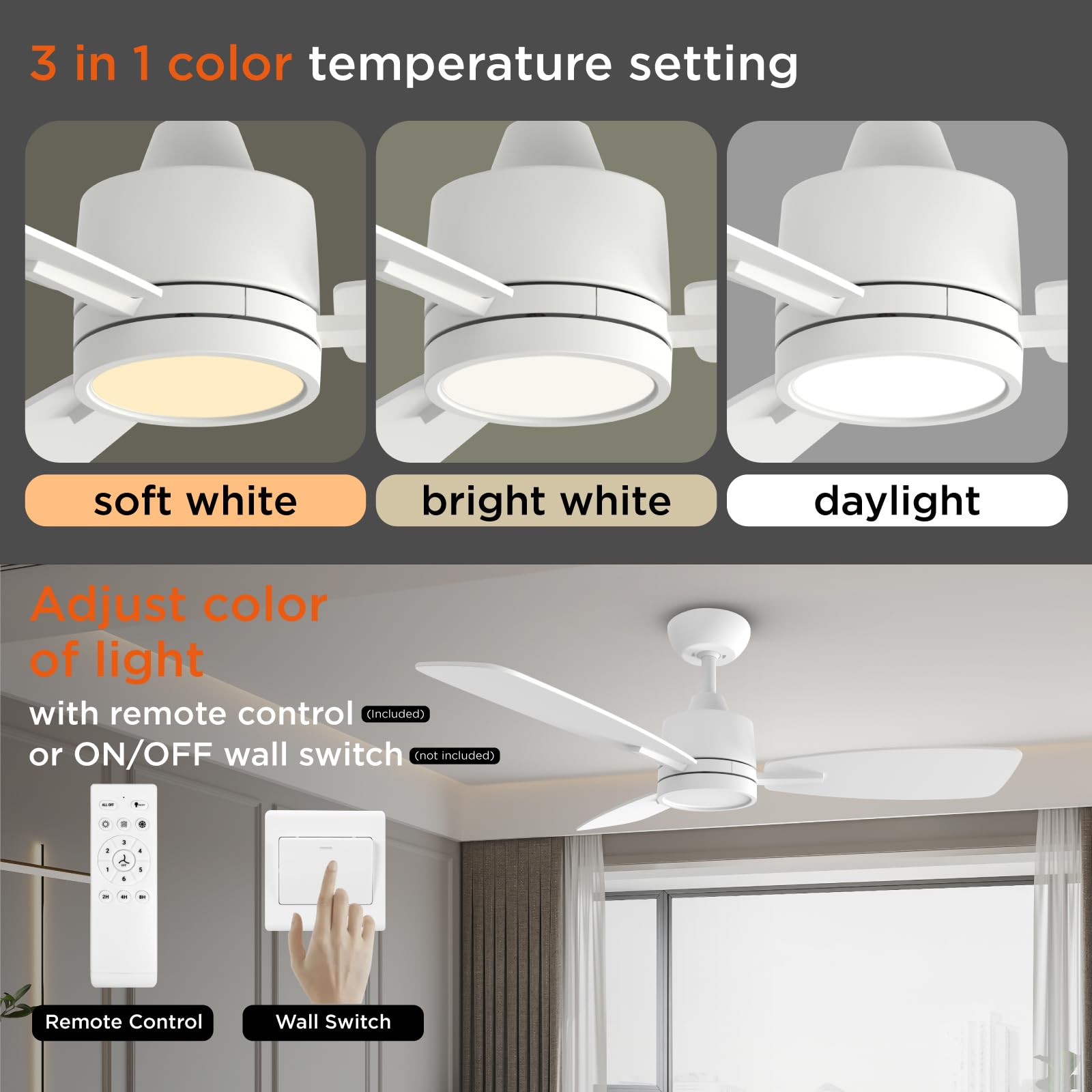 TALOYA 42 Inch Remote Control Ceiling Fan with LED Light, Quiet Reversible 6 Speed DC Motor,Metal,White/Wood Finish Blades,Fan for Living Room, Bedroom,Dining,Office,Patio,Porch