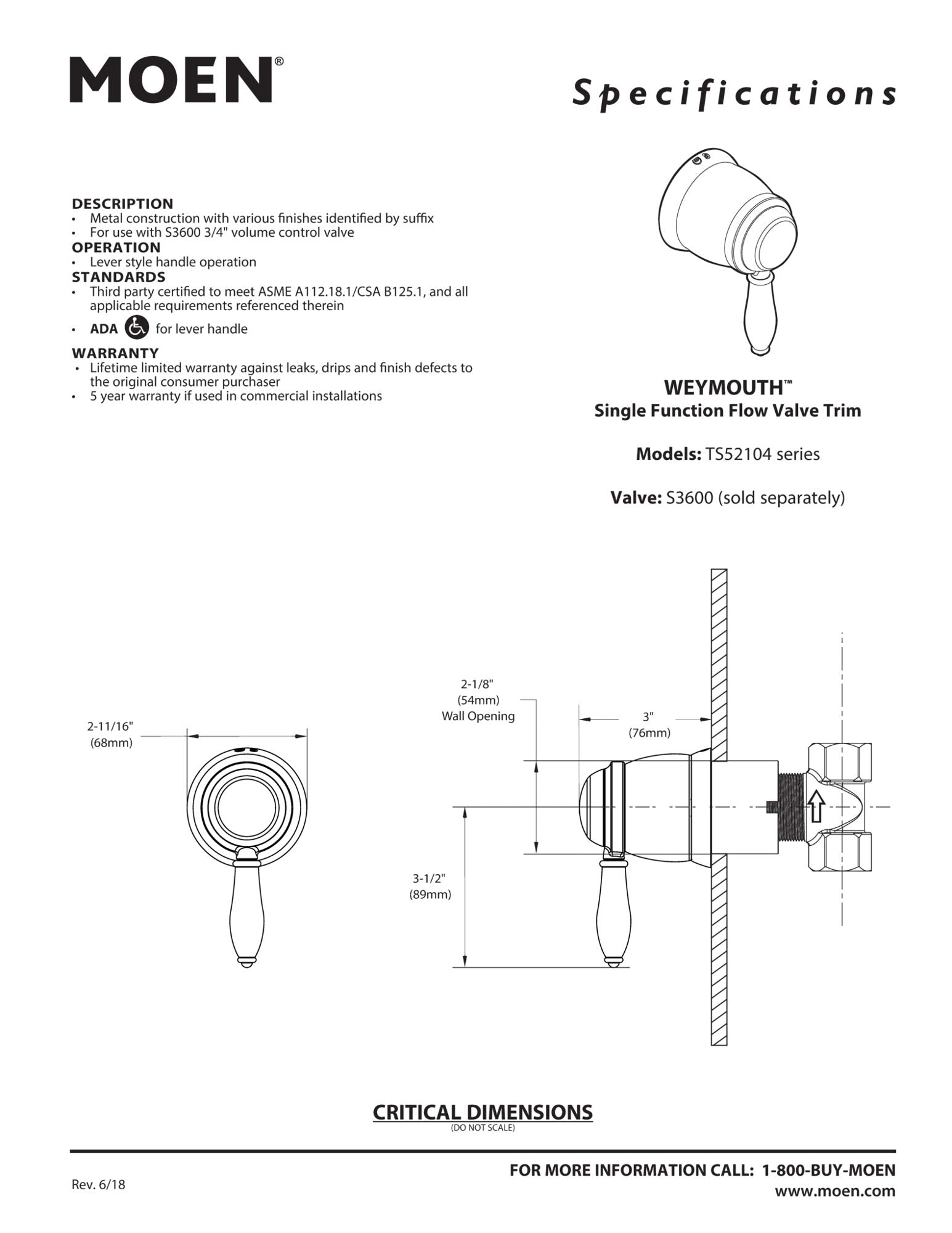 Moen TS5104 Weymouth Volume Control Trim Kit, Valve Required, Chrome