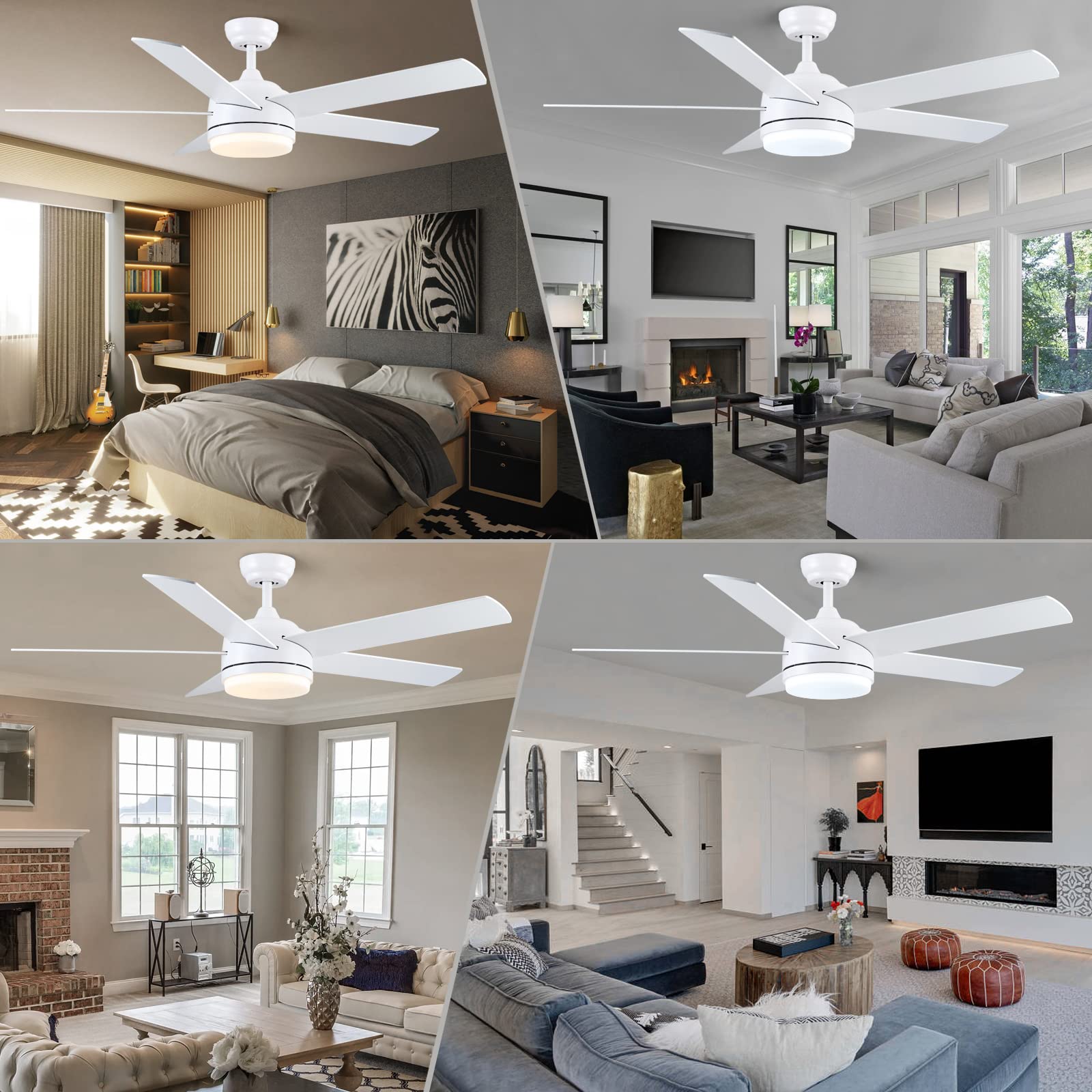 YUHAO 52 inch White Ceiling Fan with Lights and Remote Control,Quiet Reversible Motor,Dimmable tri-Color temperatures LED,5 Blades Modern Ceiling Fan for Indoor.